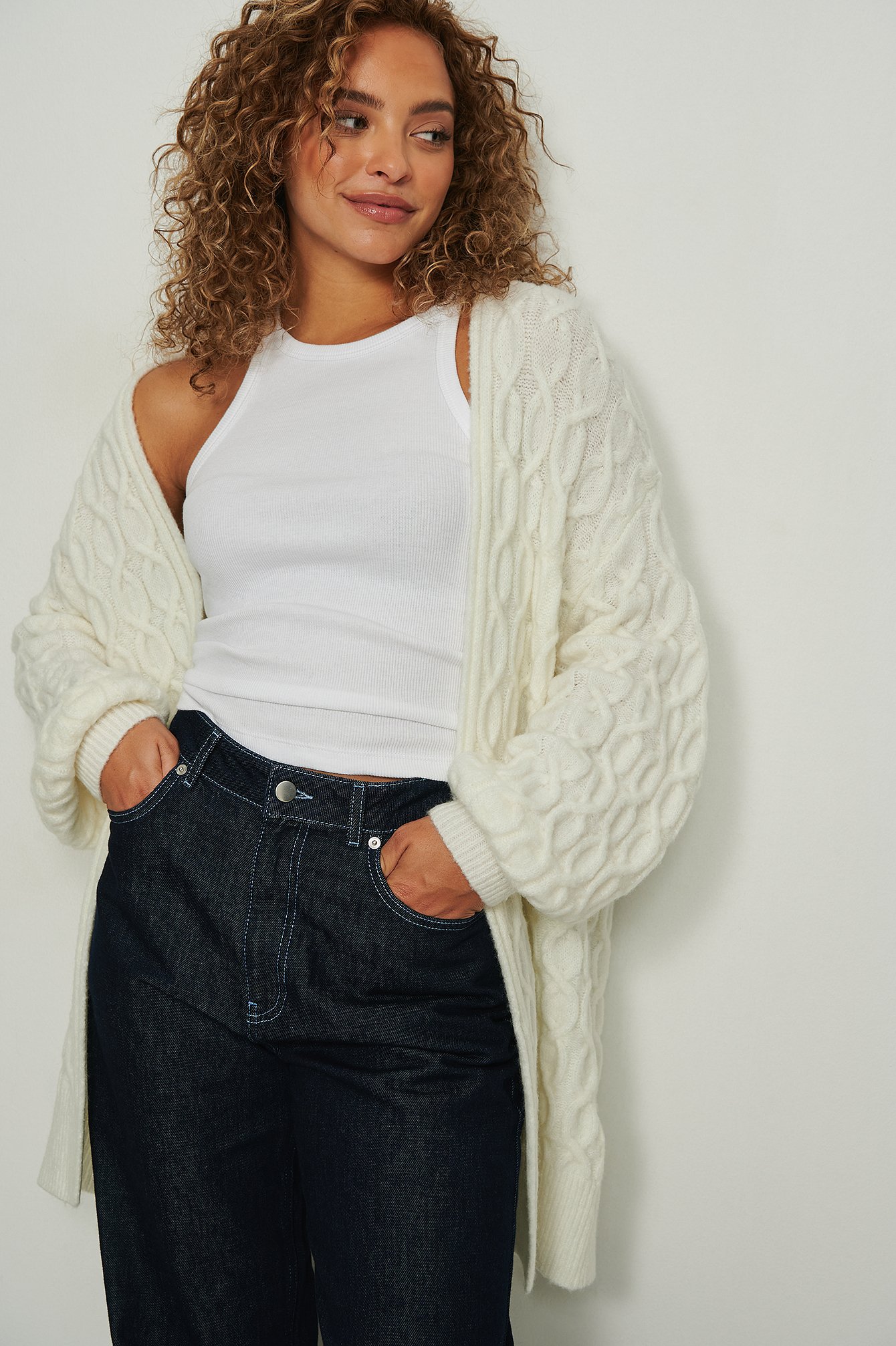 White Oversized Cable Knitted Cardigan