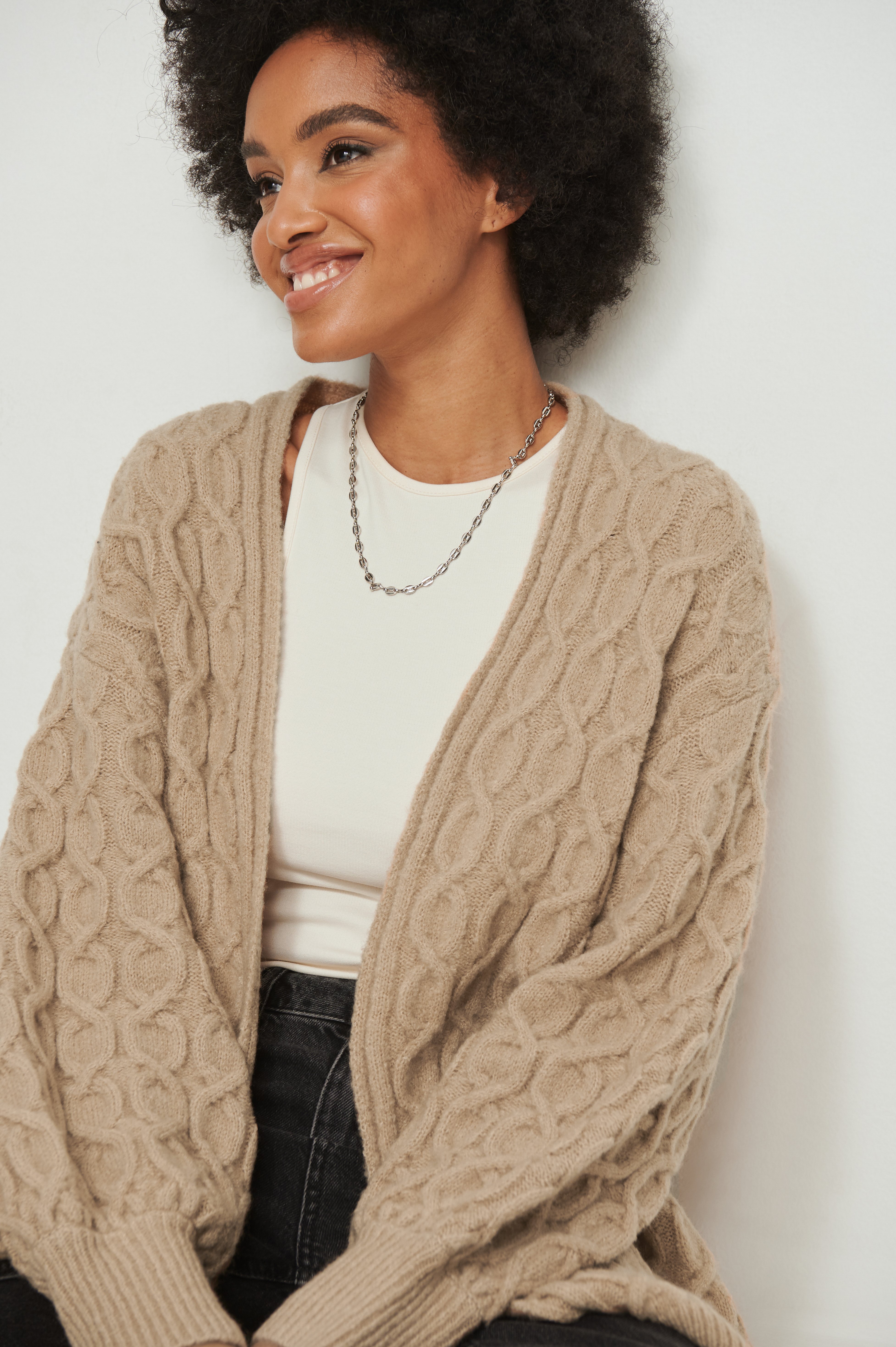 Beige Oversized Cable Knitted Cardigan