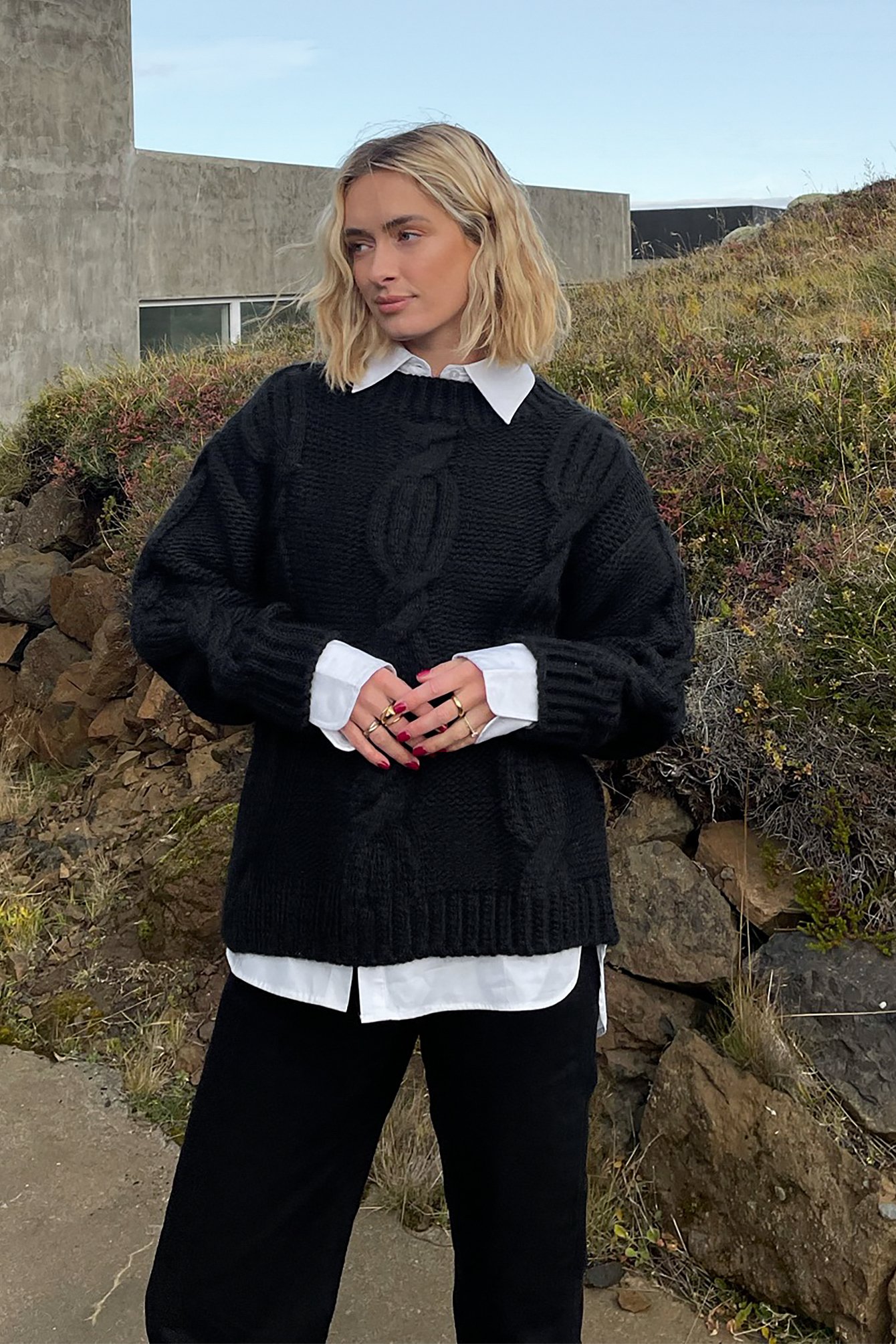 Black Oversized Cable Knitted Sweater