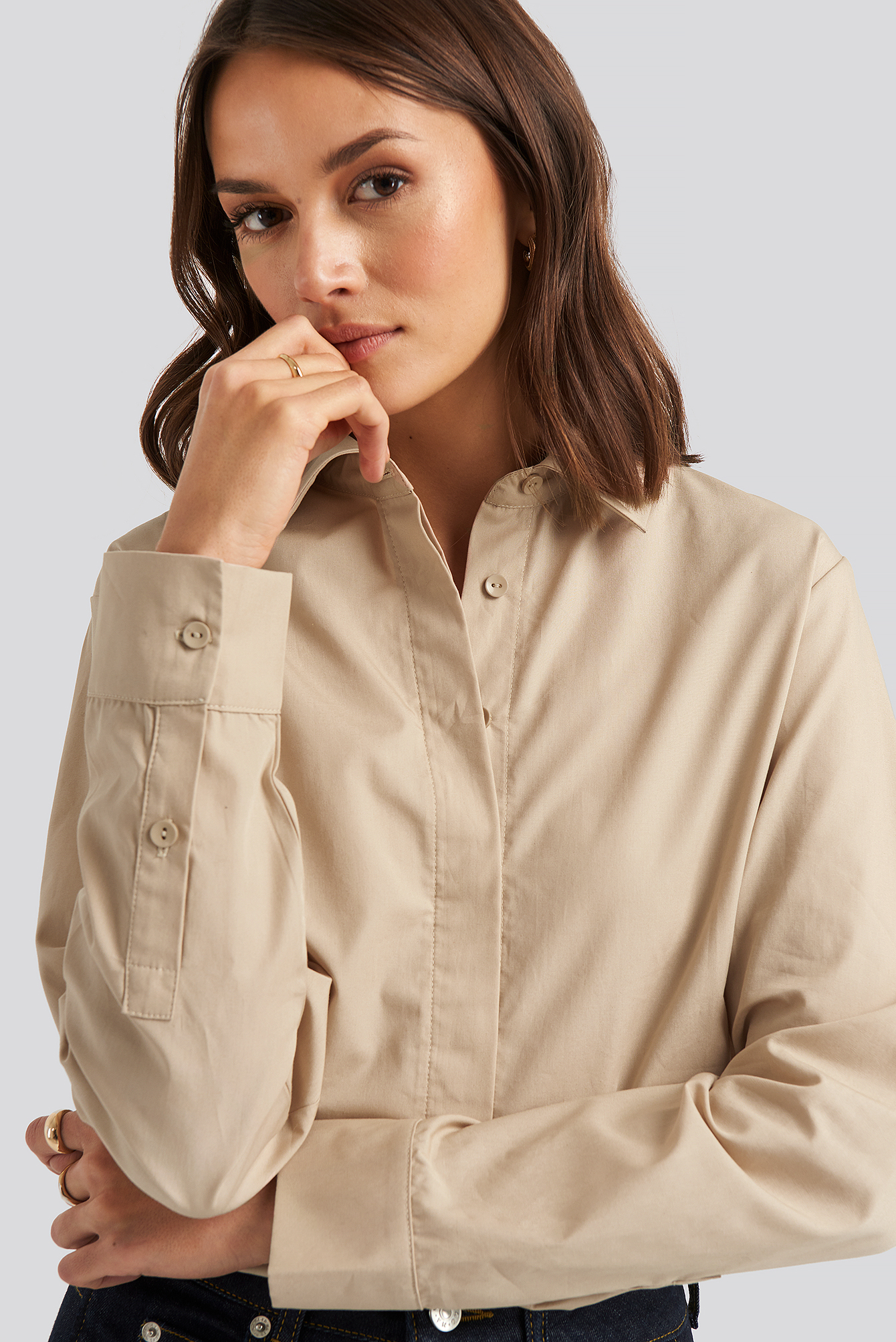 Oversized Concealed Button Shirt Beige