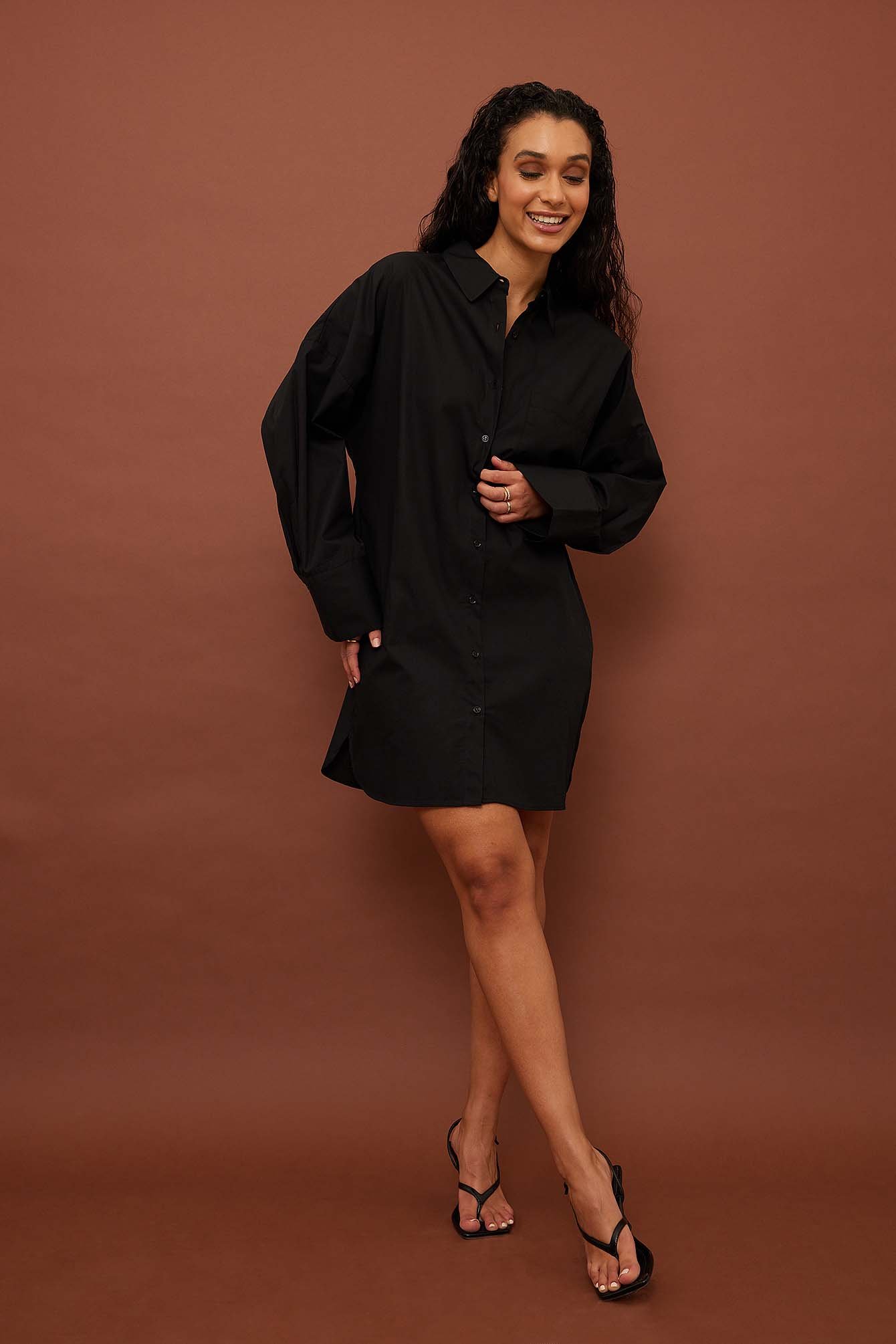 Black Ekologiczna luźna bawełniana sukienka koszulowa