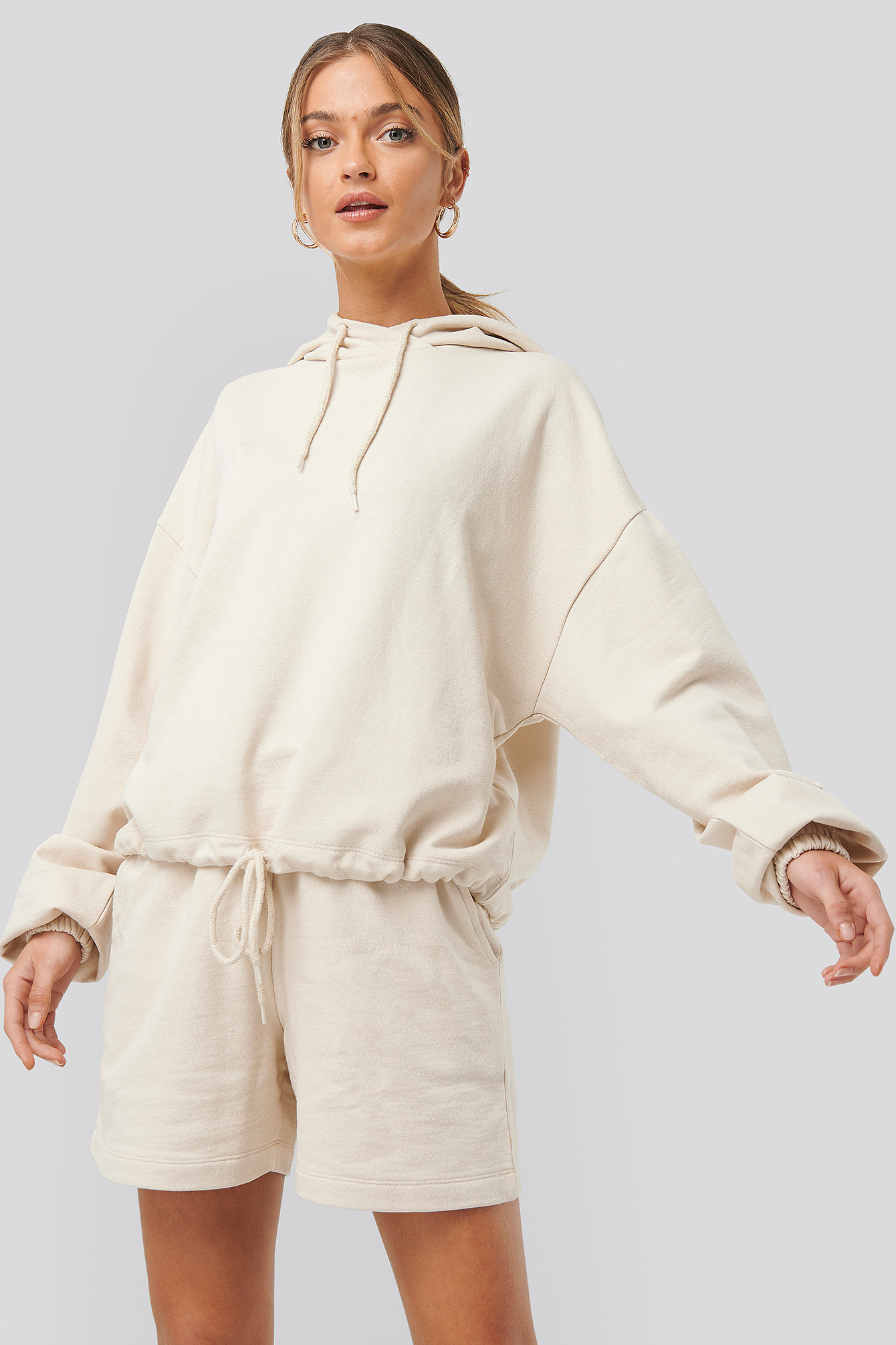 Oversized Drawcord Hoodie Beige
