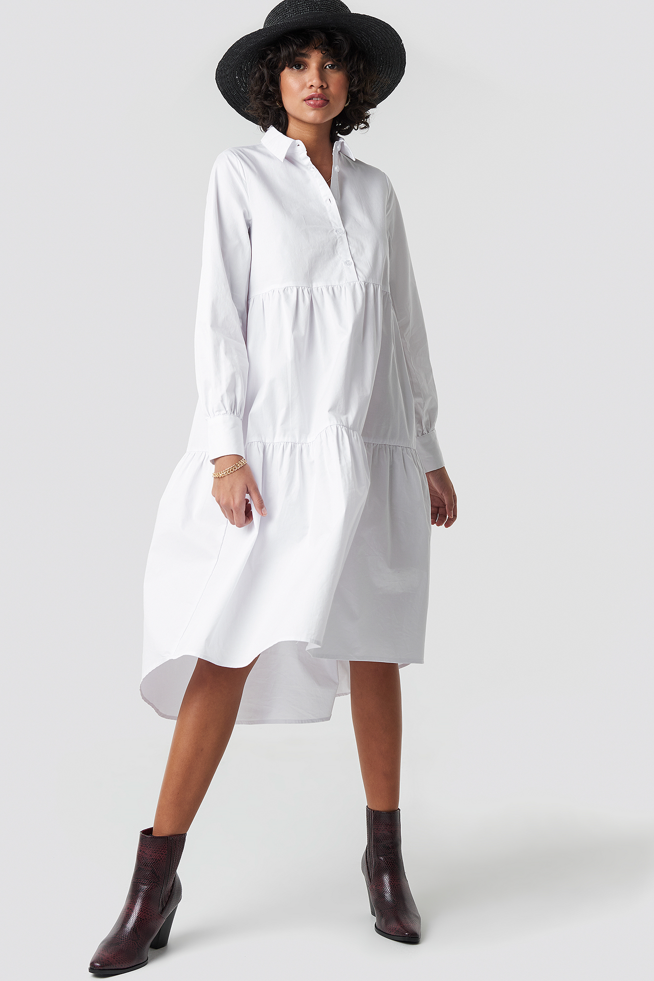 Oversized Gathered Shirt Dress White