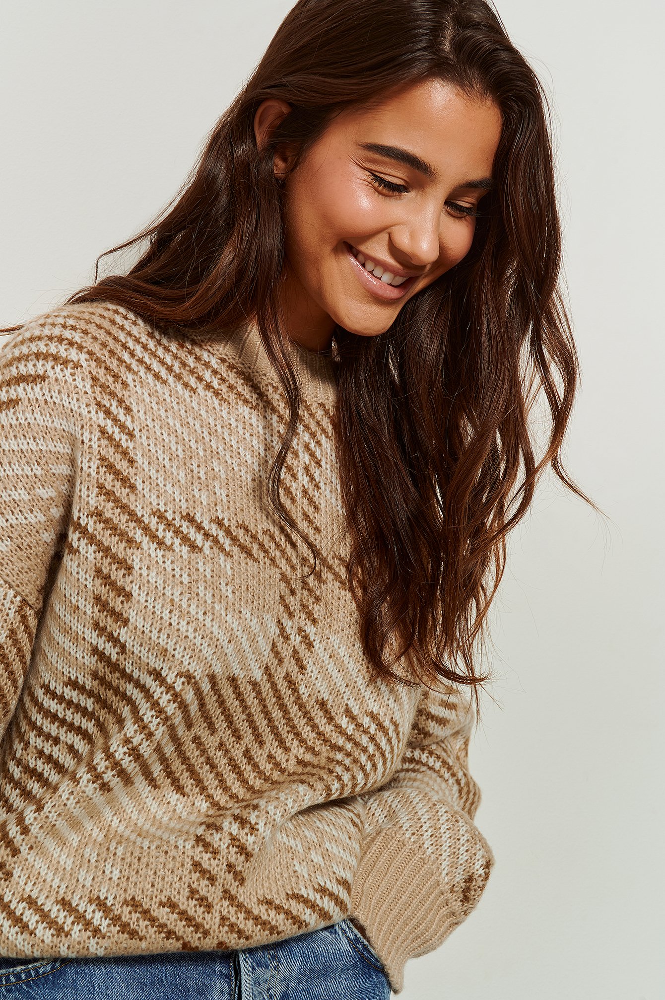 Beige Oversized Knitted Round Neck Jaquard Sweater