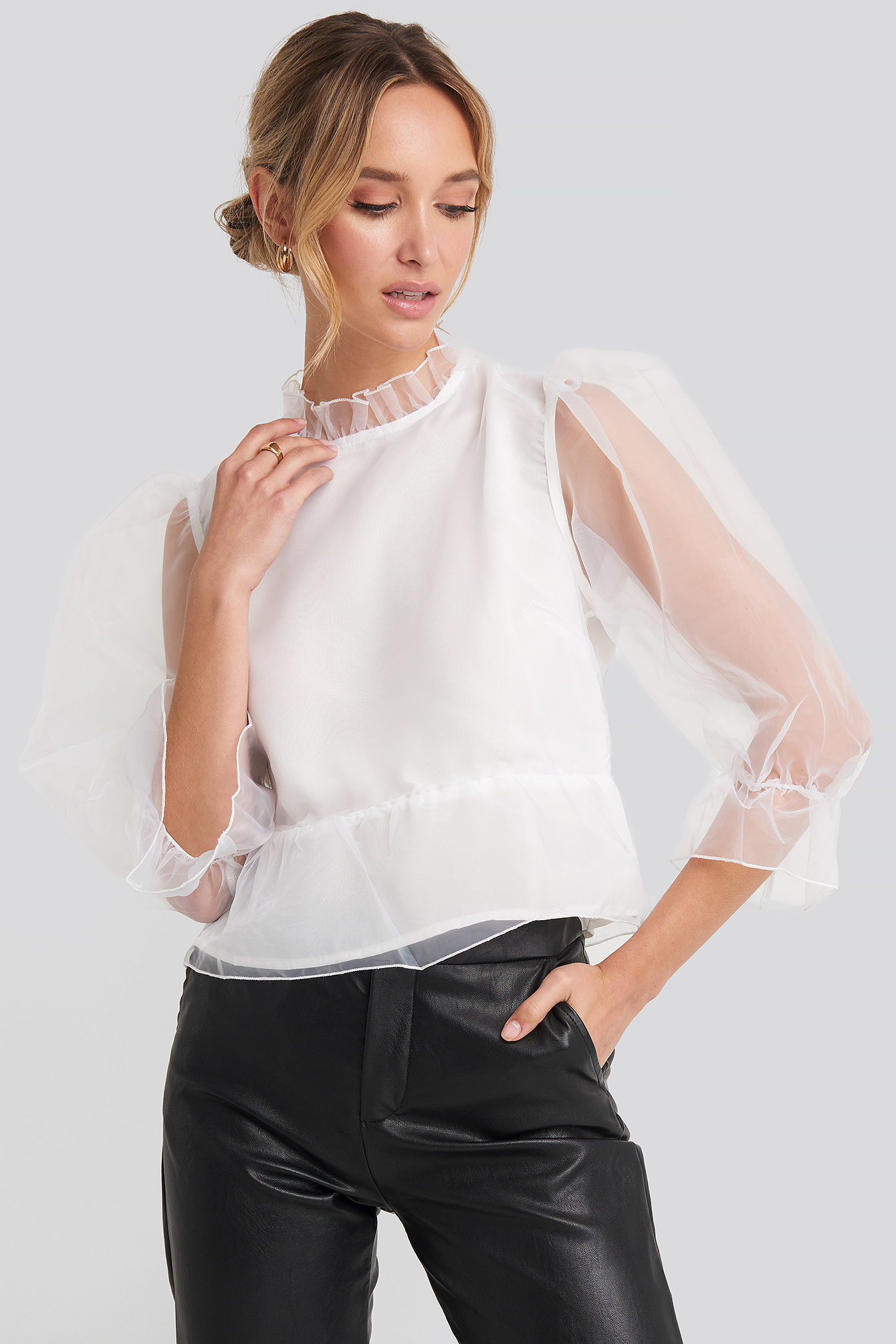 Oversized Organza Puff Sleeve Top White