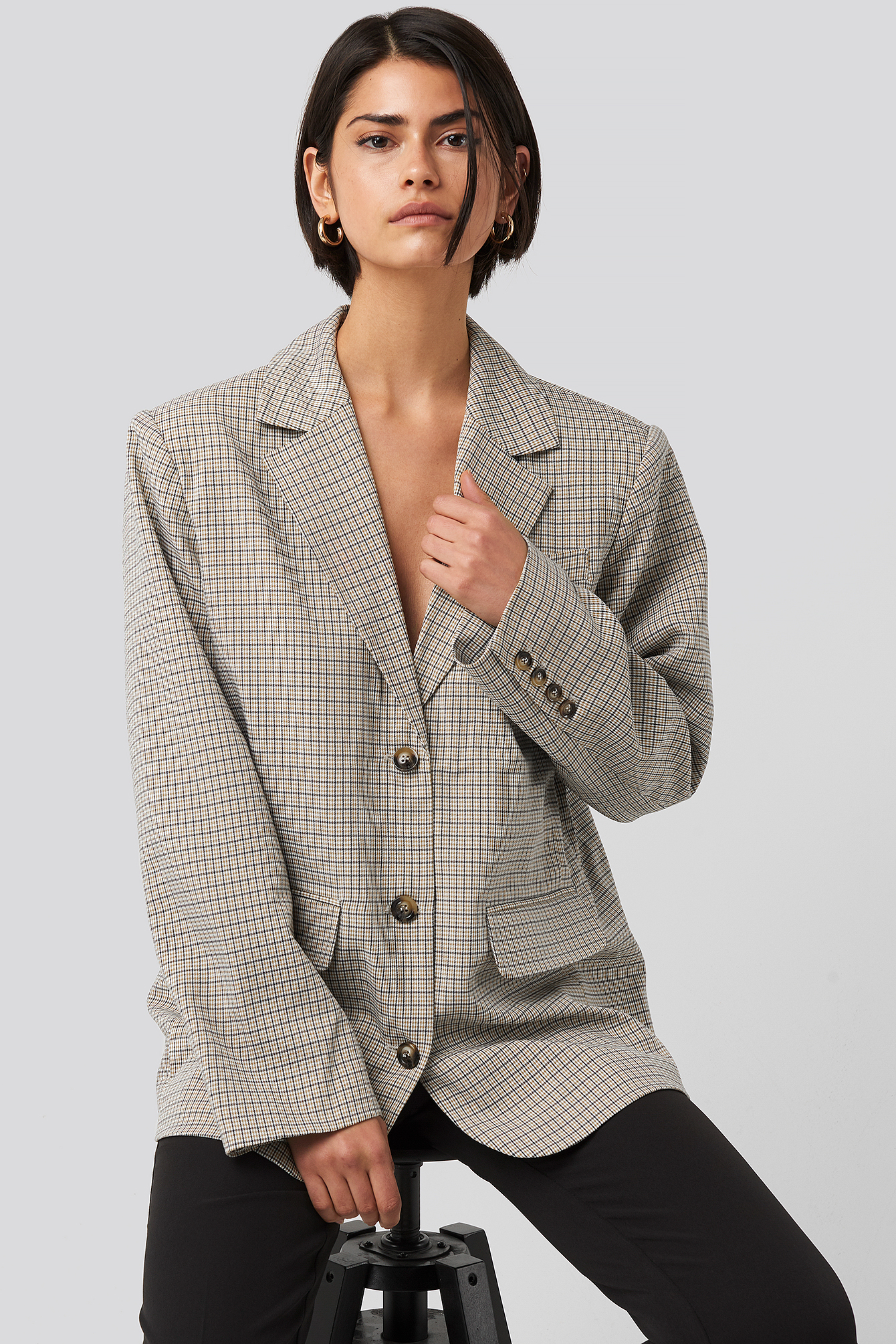 Oversized Plaid Blazer Beige Check