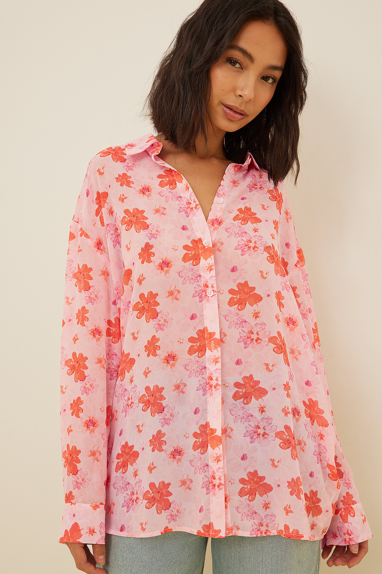 Misslisibell x NA-KD Recycled Oversized Printed Chiffon Shirt - Pink,Flower