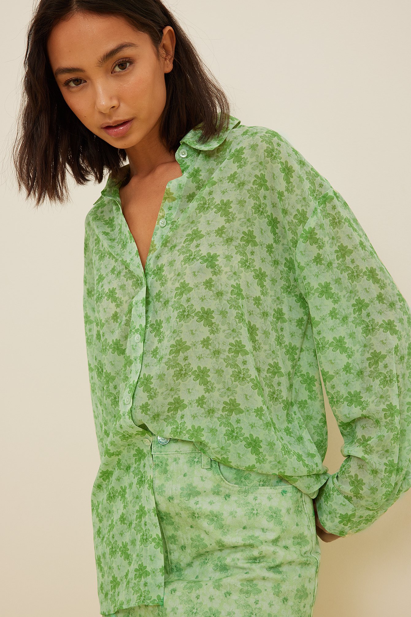 Green Flower Print Recycled Oversized Printed Chiffon Shirt
