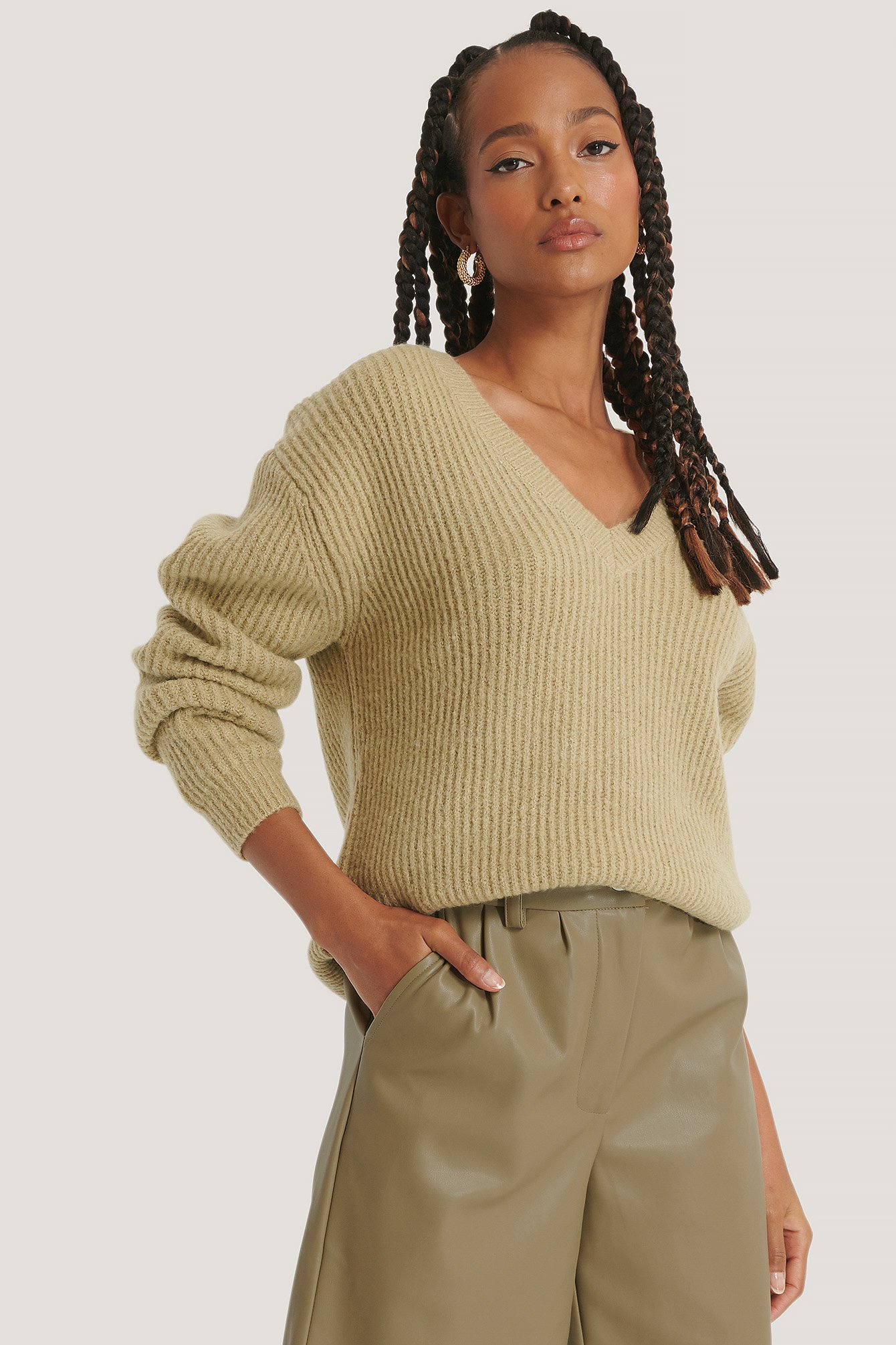 Light Khaki Oversized V-neckline Sweater