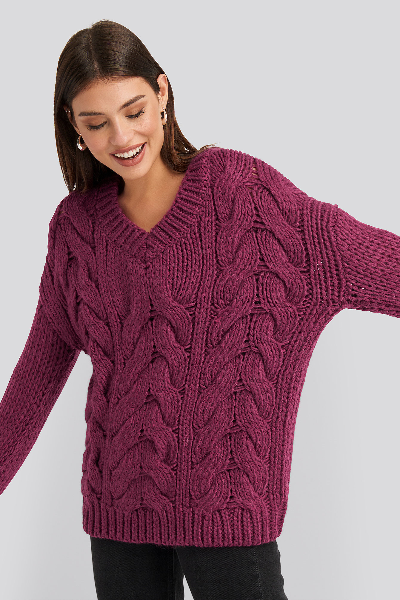 Burgundy Wool Blend V-Neck Heavy Knitted Cable Sweater