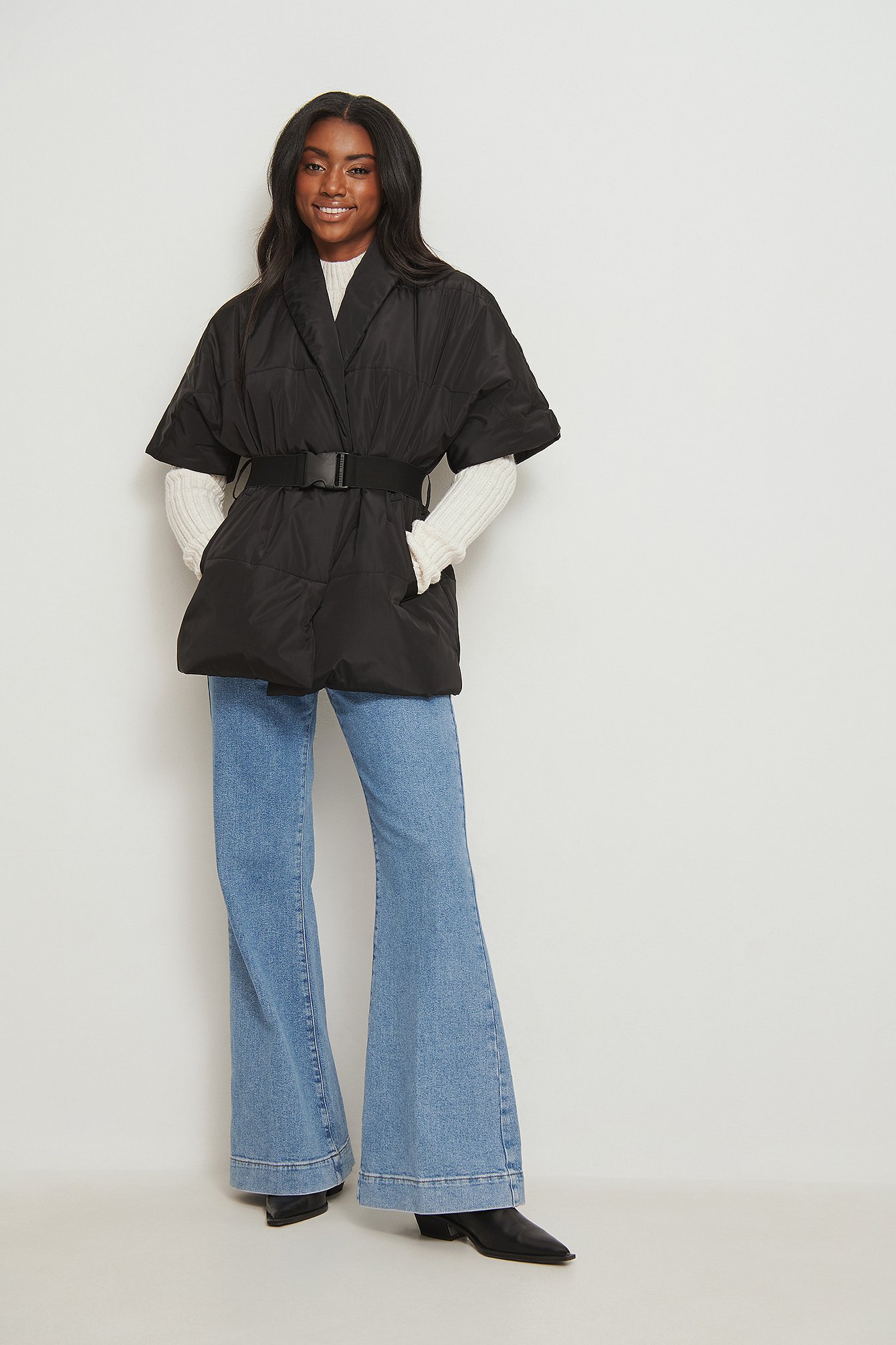 Black Padded Belted Poncho