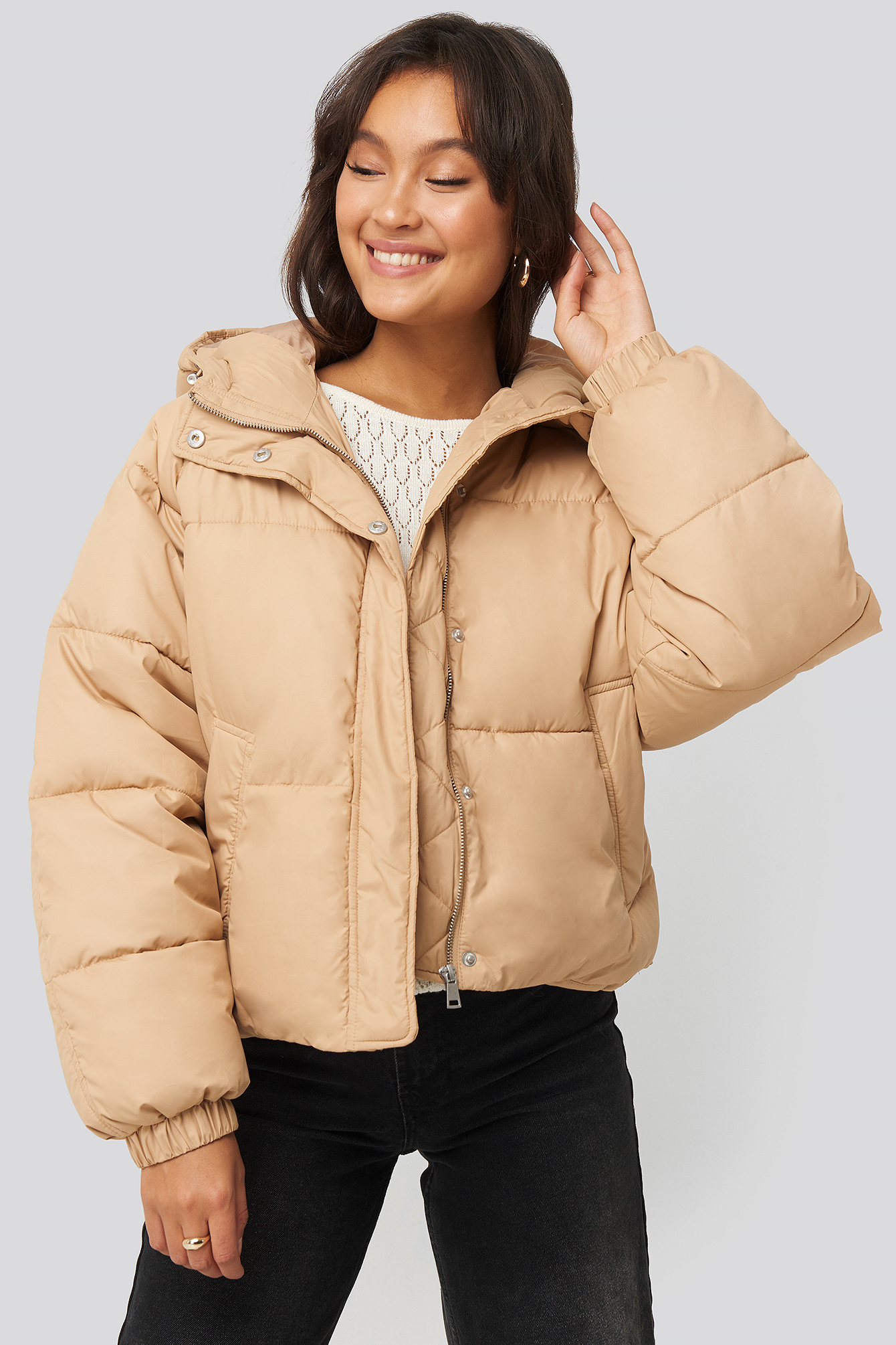 Padded Hood Short Jacket Beige