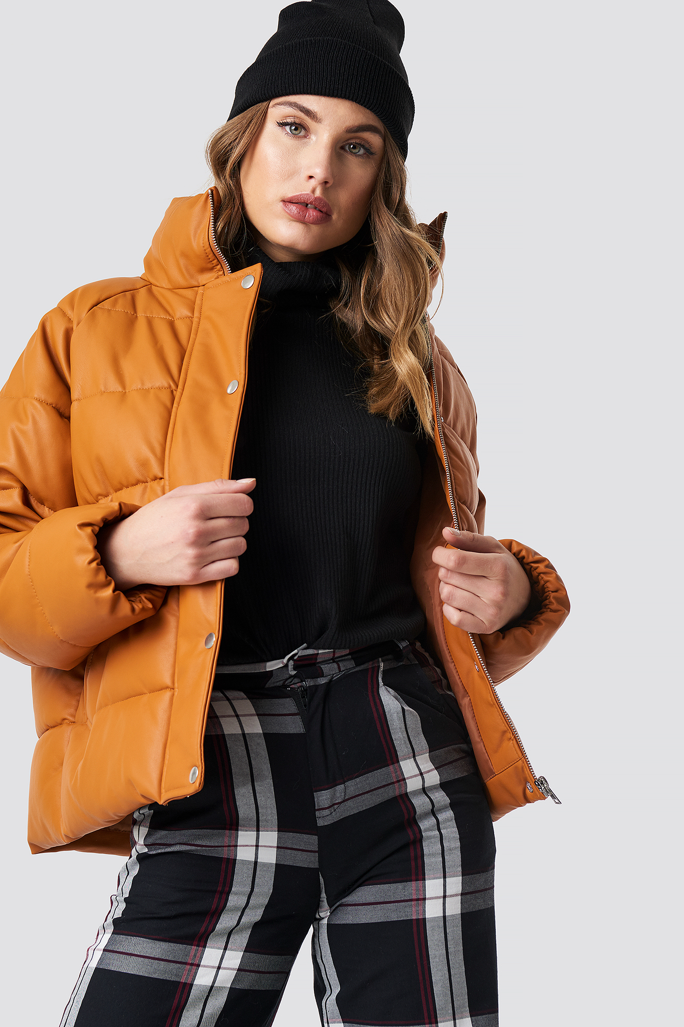 Padded PU Leather Jacket Cognac