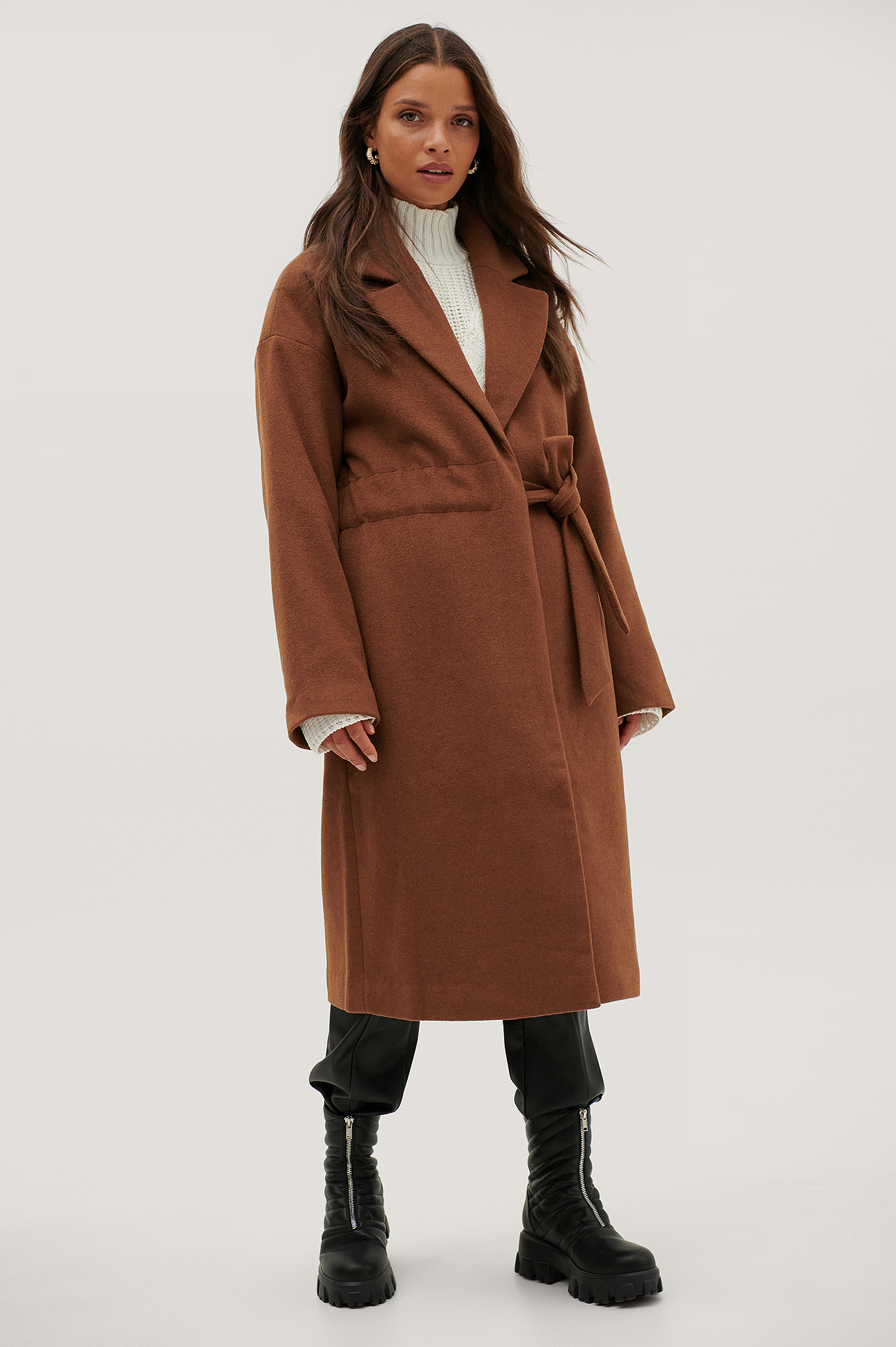 Ruched Wide Belt Wool Coat Rust