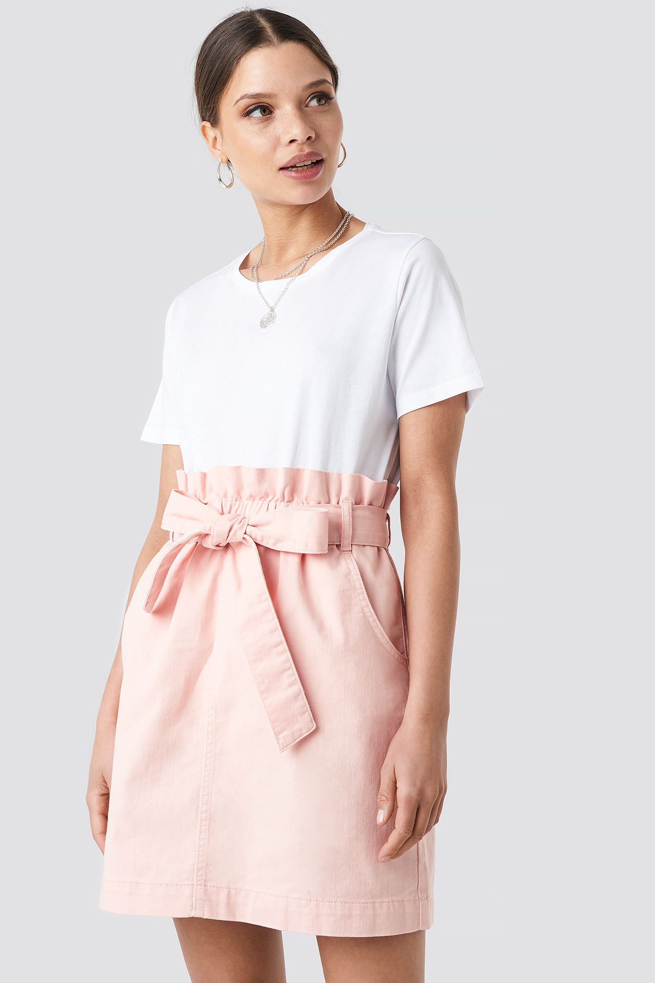 Paper Bag Waist Denim Mini Skirt Pink