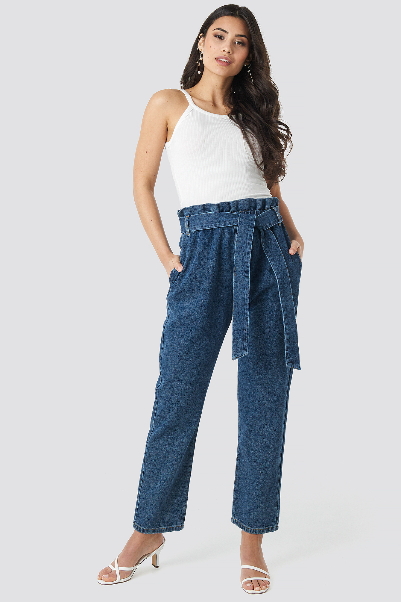Paper Bag Waist Mom Jeans Mid Blue