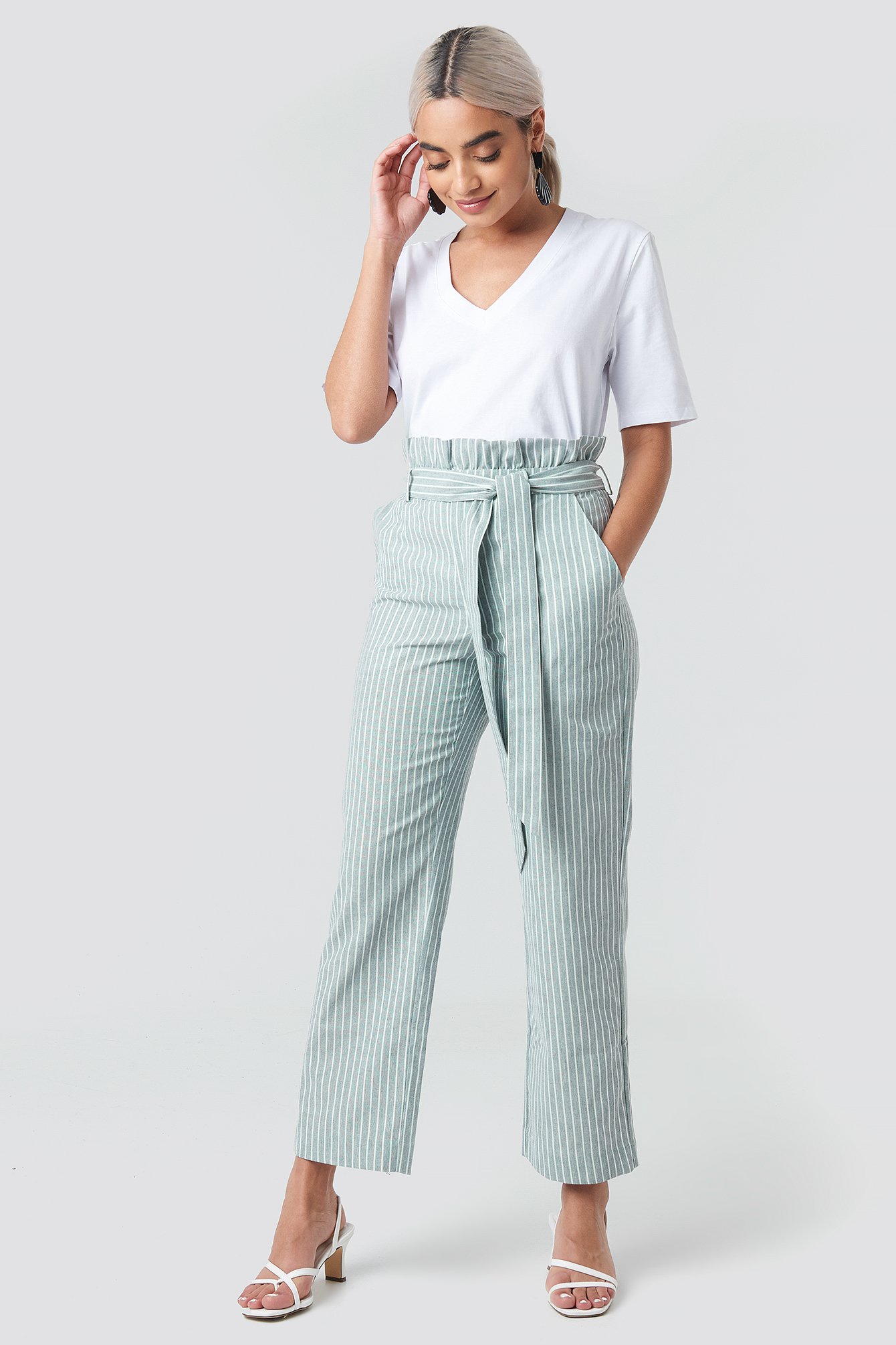 Green Paper Waist Striped Trousers