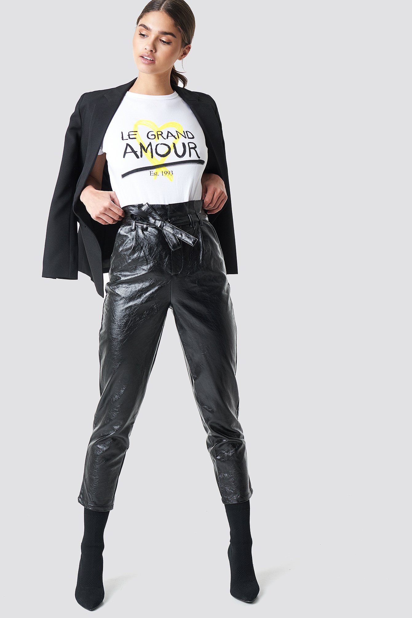 Black NA-KD Trend Paperwaist Patent Leather Pants