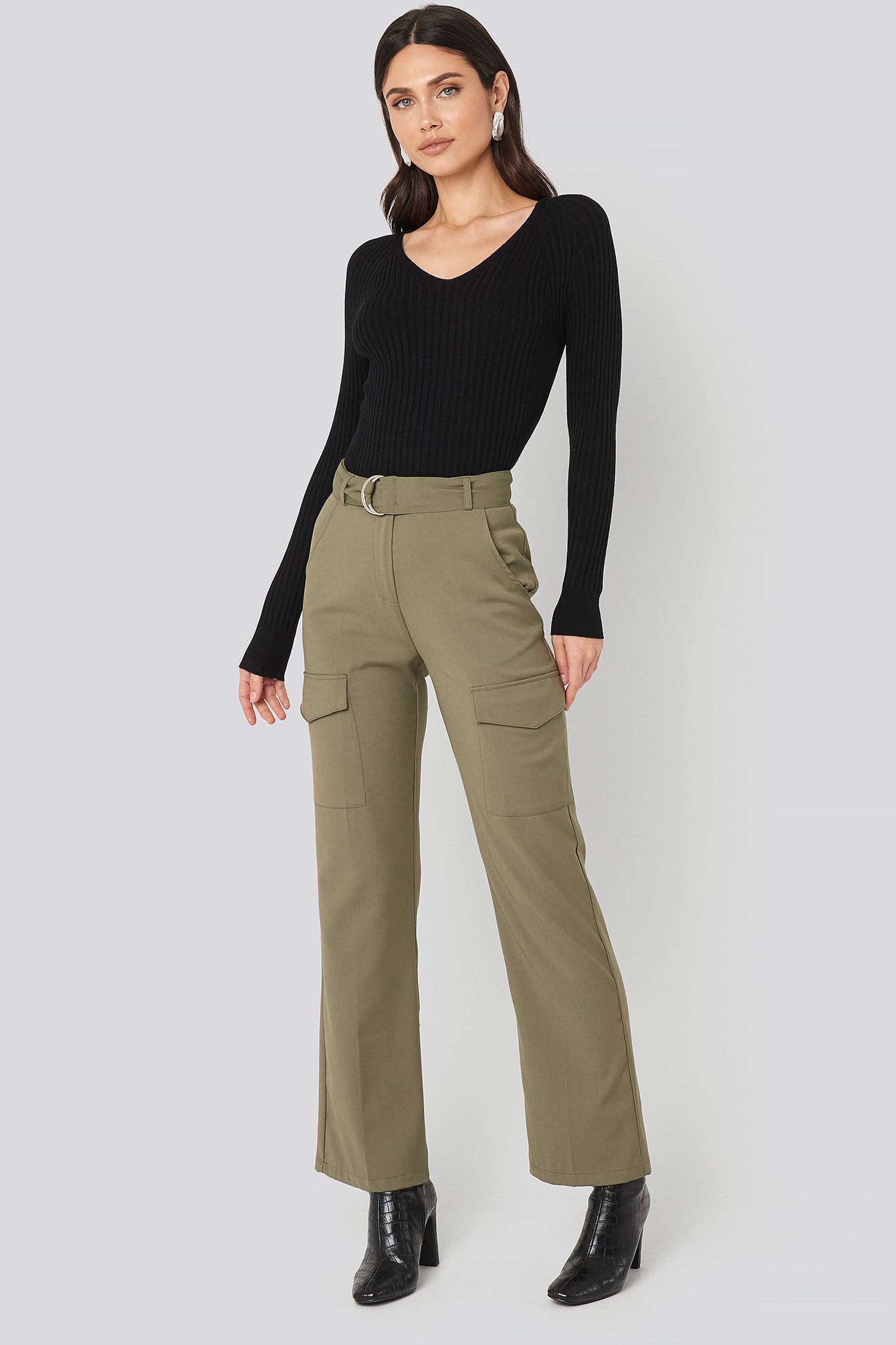 Khaki Green NA-KD Trend Patch Pocket Belted Pants