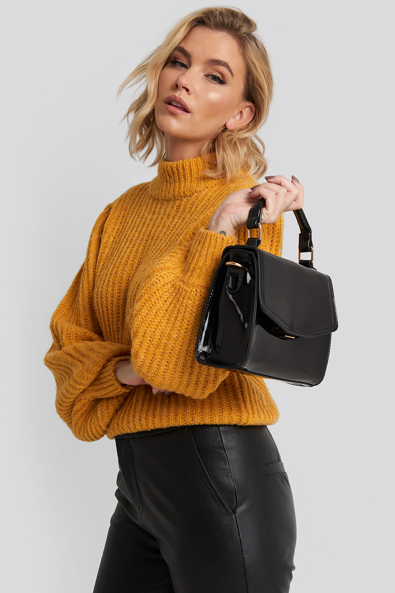 Patent Top Handle Bag Black