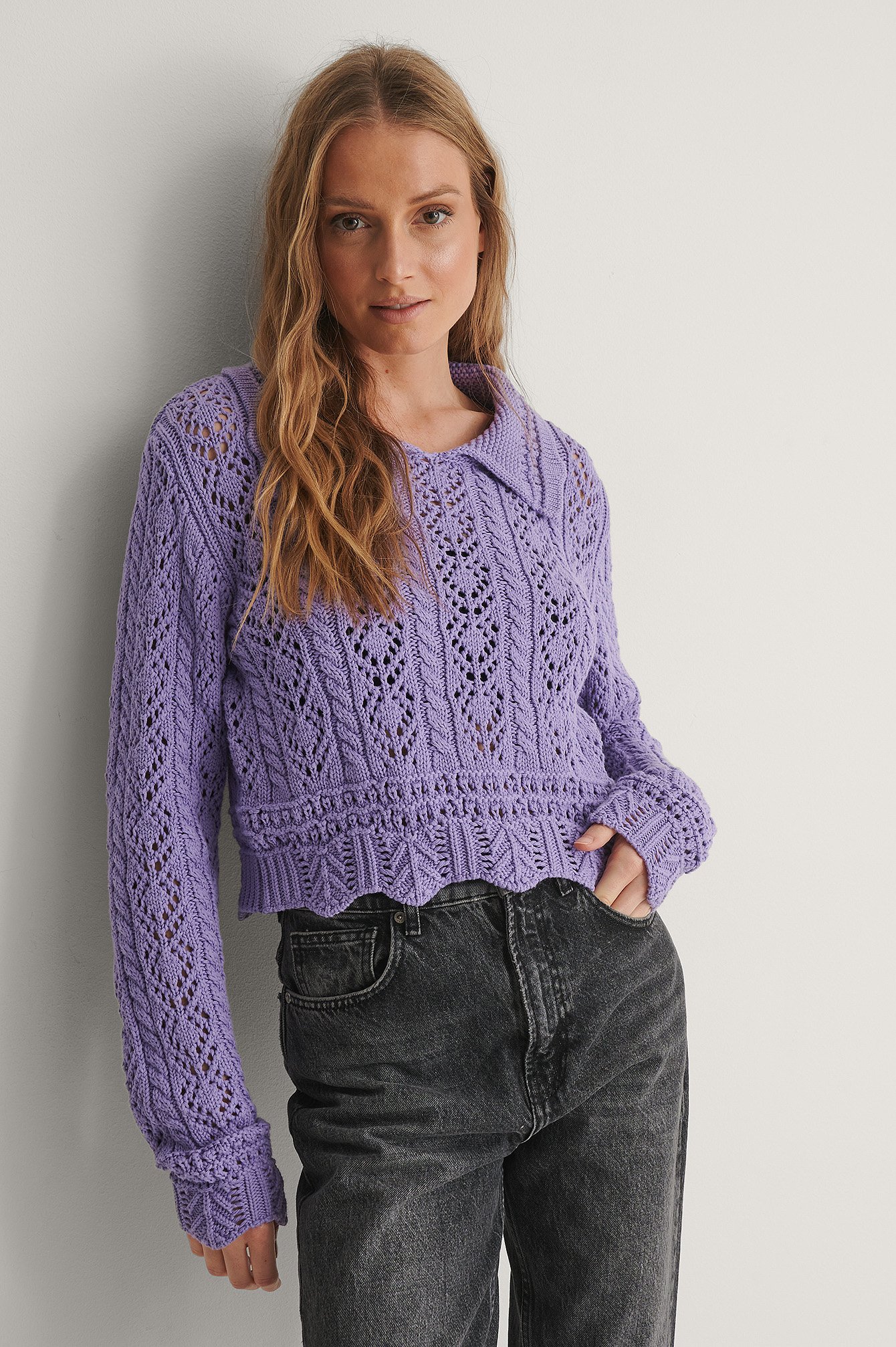 Purple Pattern Knit Collar Detail Sweater