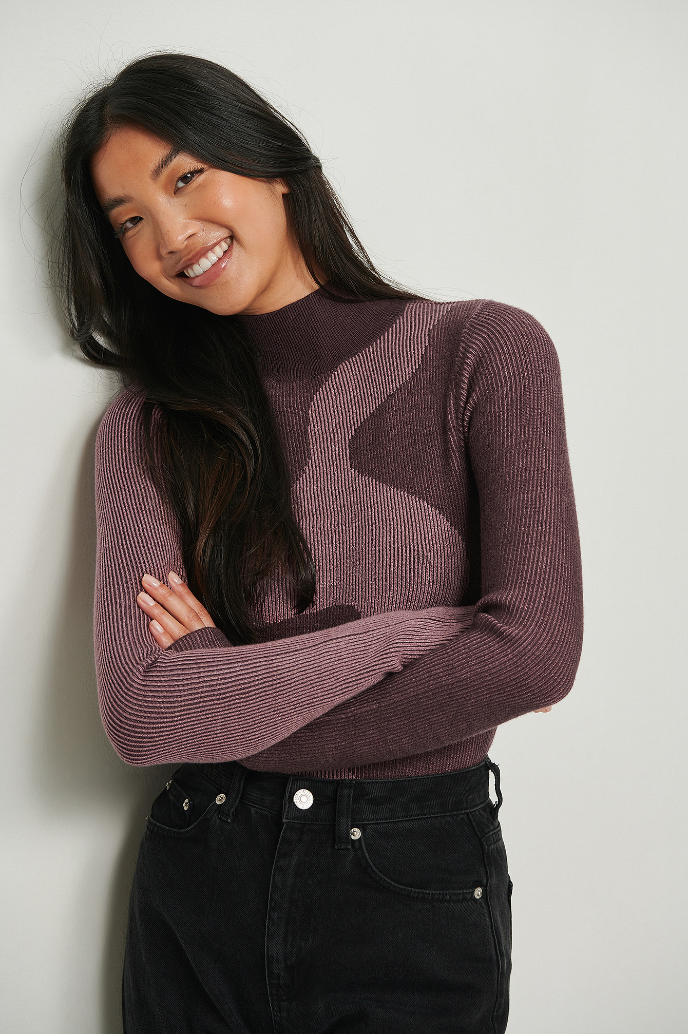 NA-KD Trend Pattern Knitted High Neck Sweater - Purple