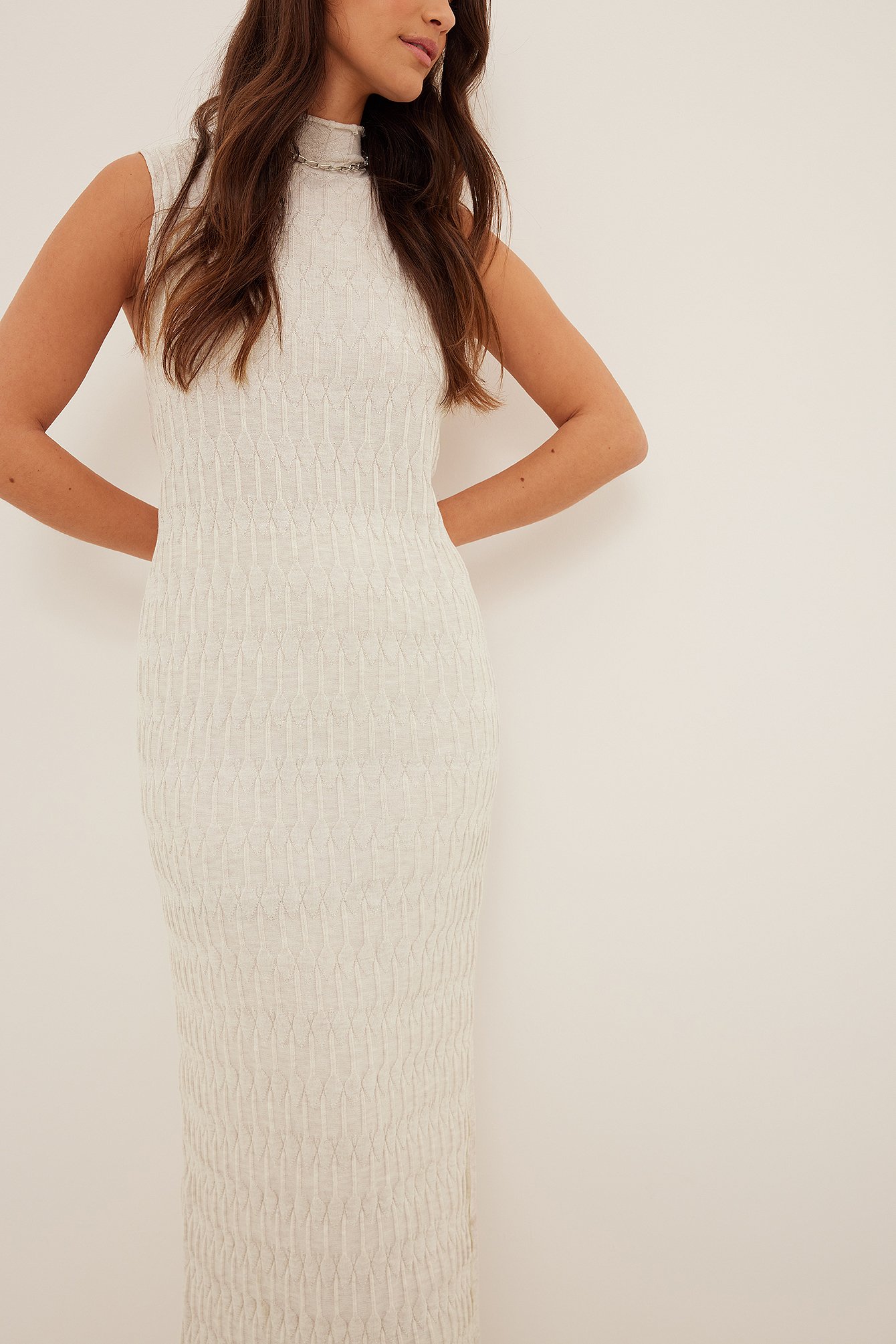 Off White Pattern Knitted Midi Dress