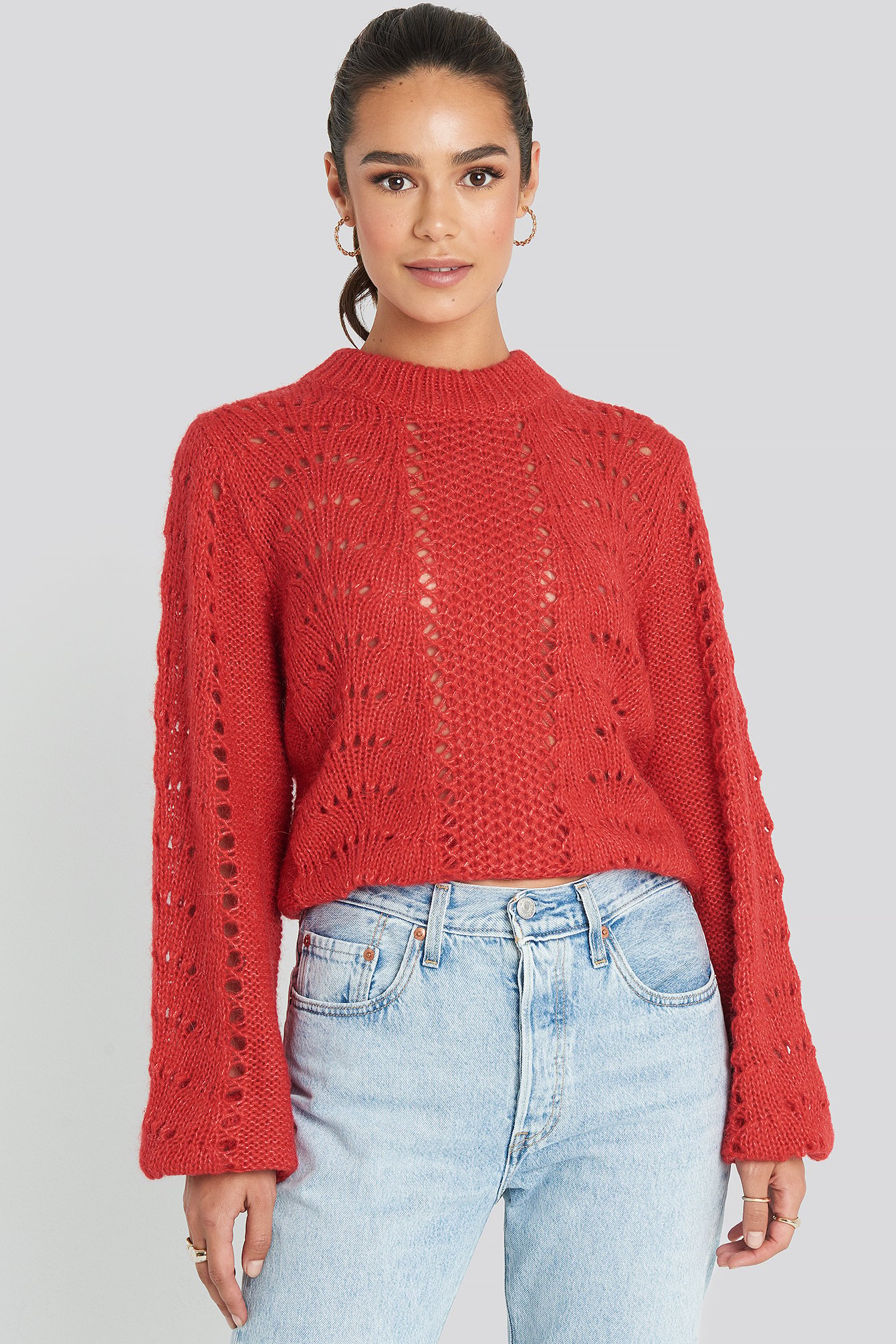 NA-KD Pattern Knitted Round Neck Sweater - Red