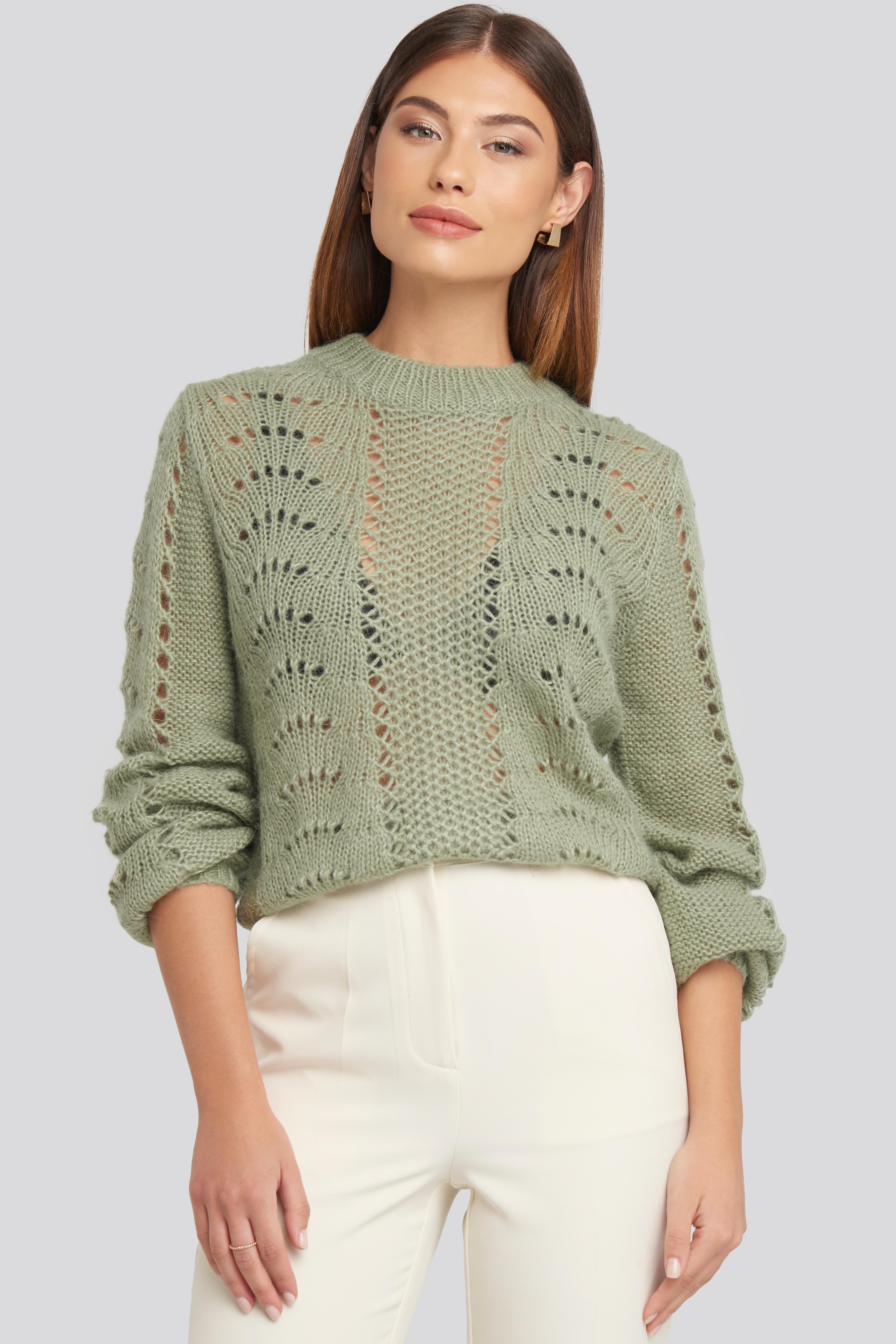Pattern Knitted Round Neck Sweater Khaki