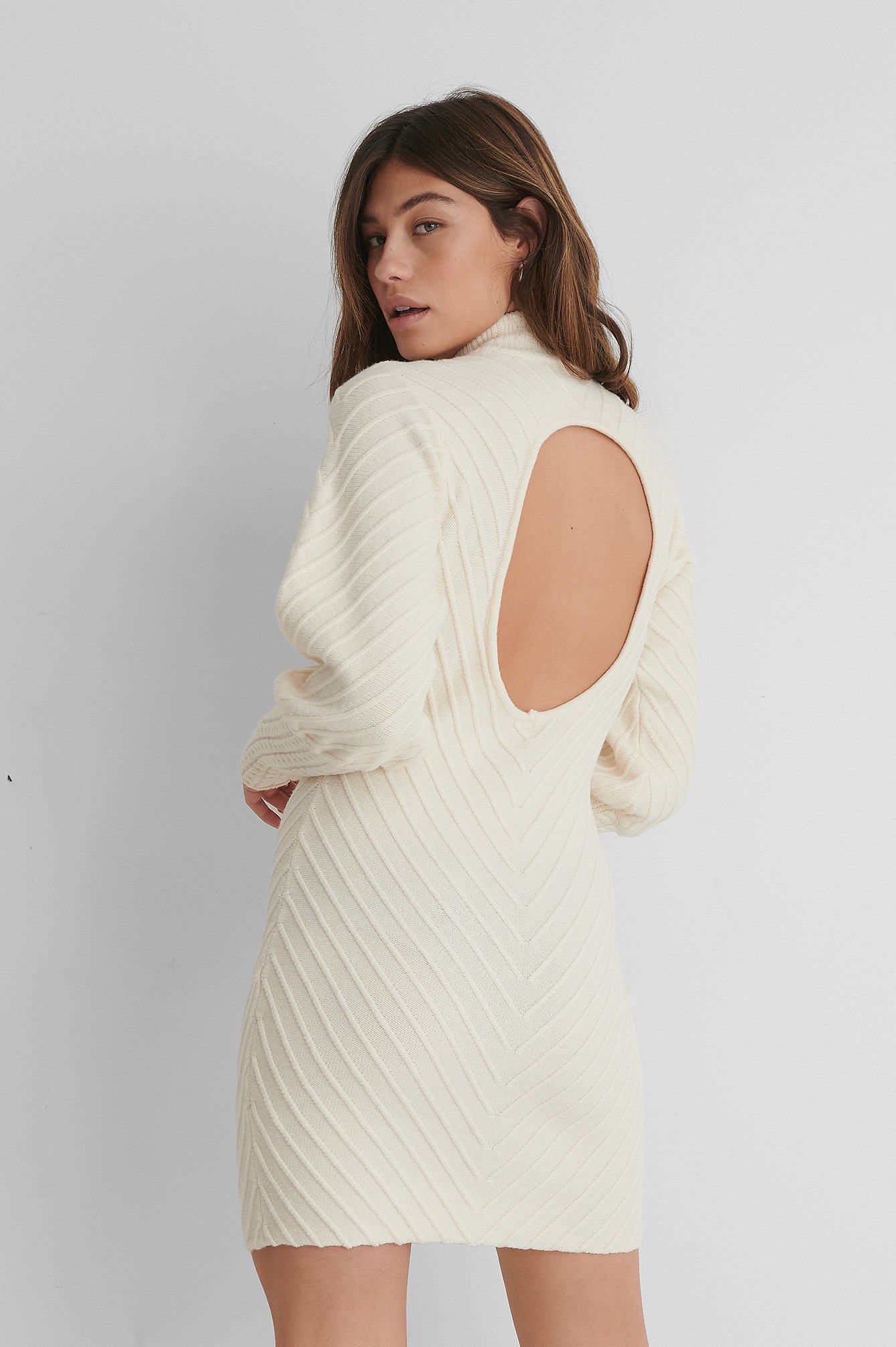 Off White Pattern Knitted Open Back Dress
