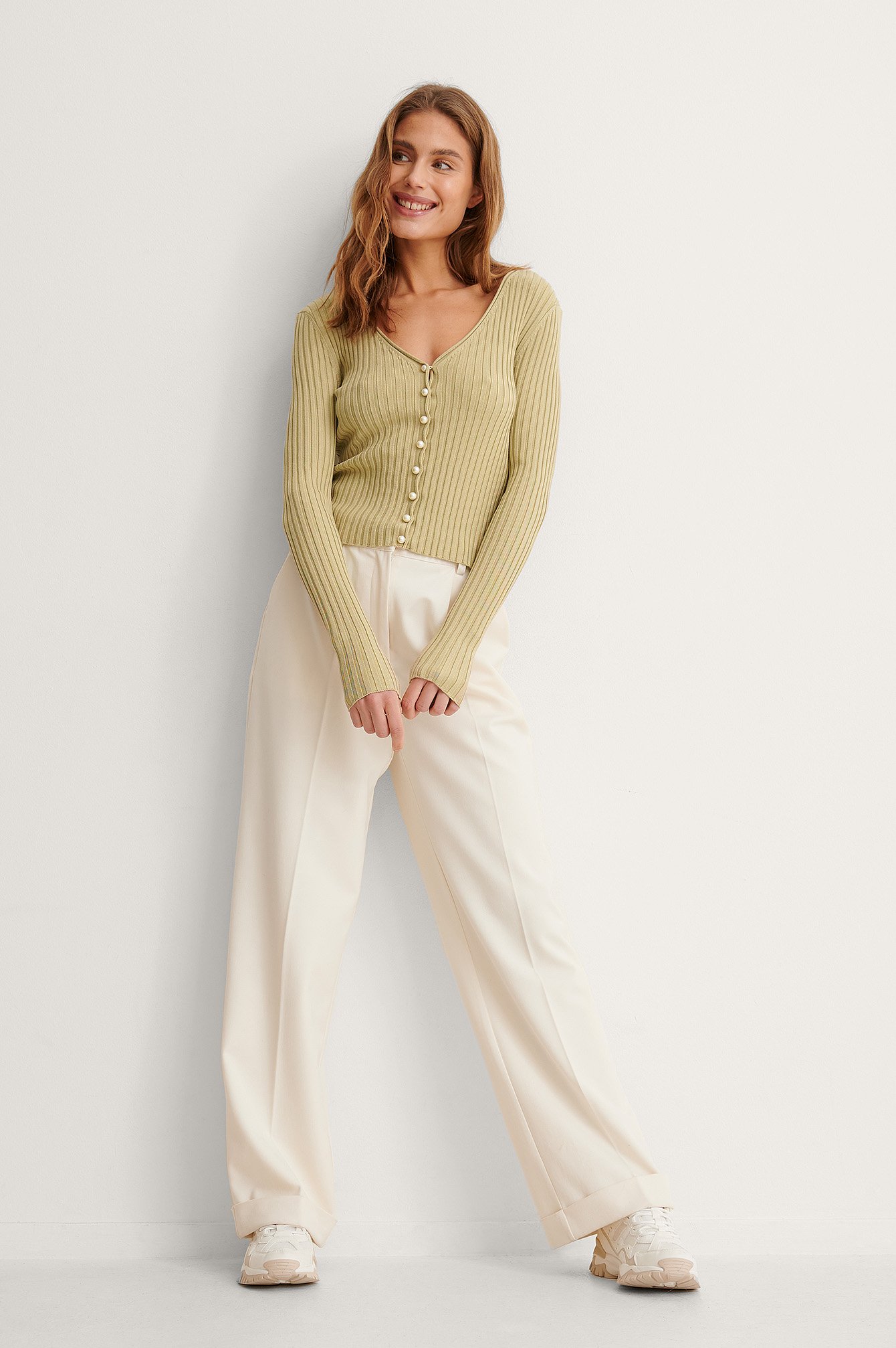 Pale Olive Pearl Detailed Knitted Cardigan