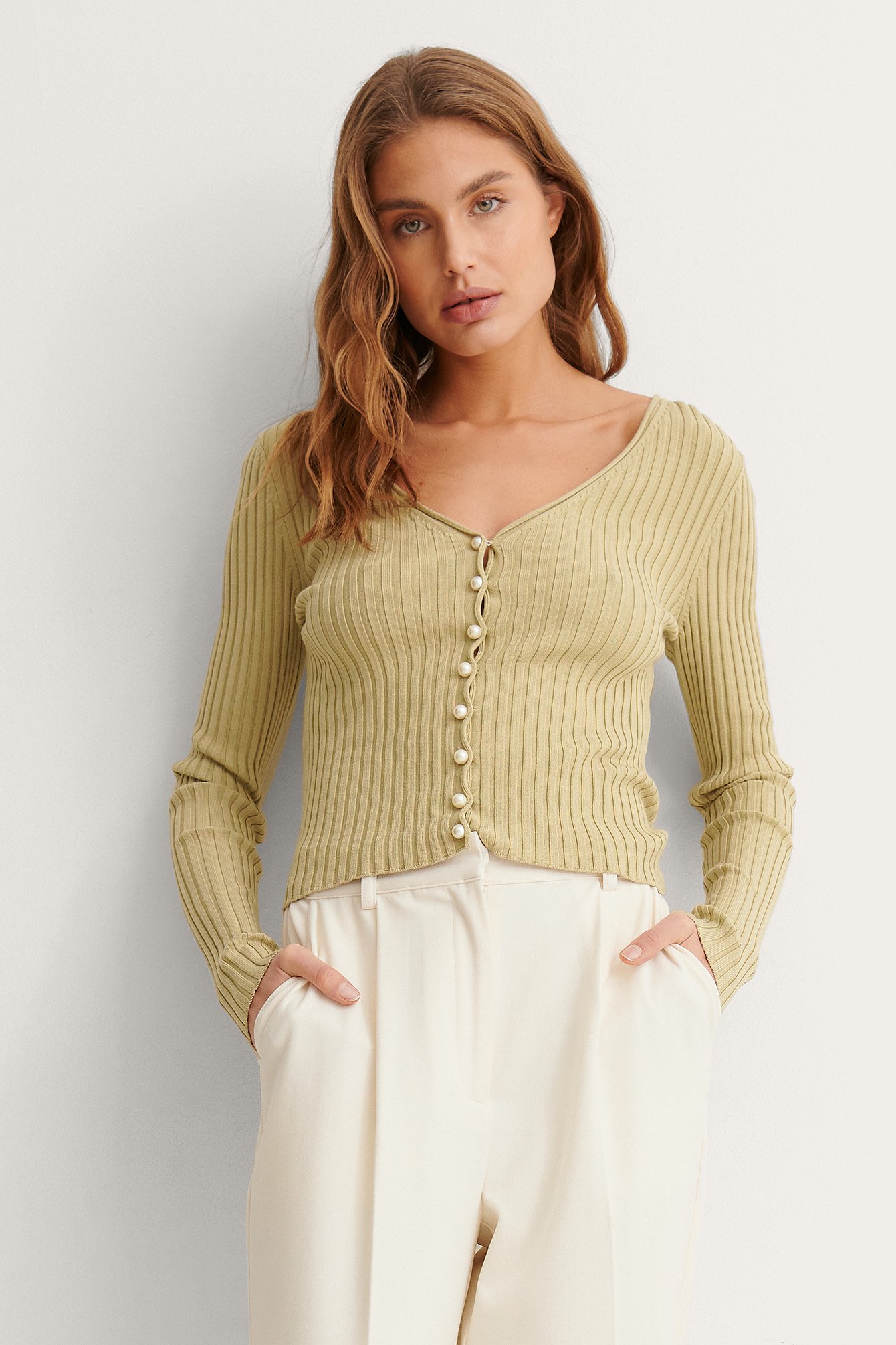 Pale Olive Pearl Detailed Knitted Cardigan