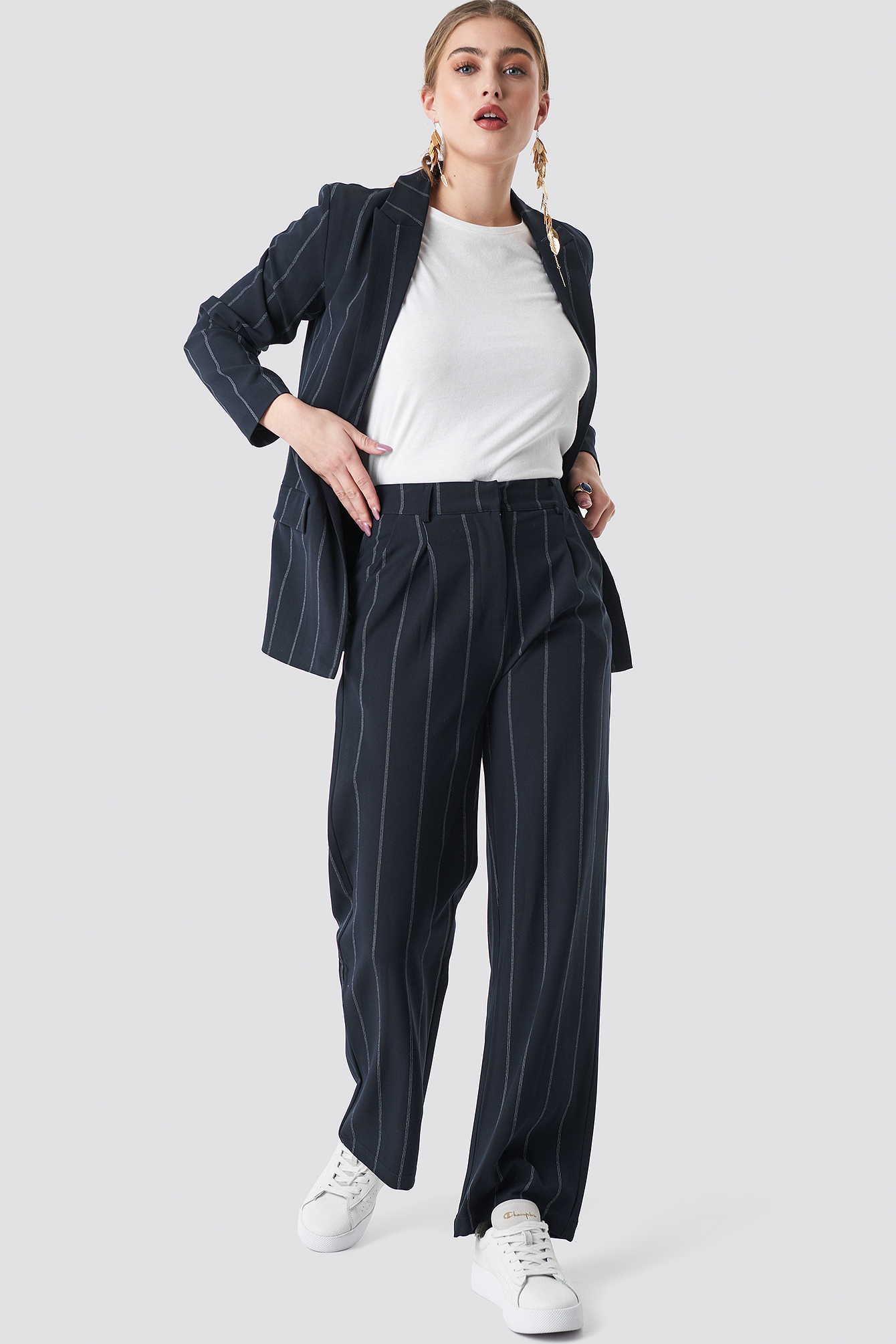 Printed Striped Shirt Pleated Straight Wide-Leg Pants Suit