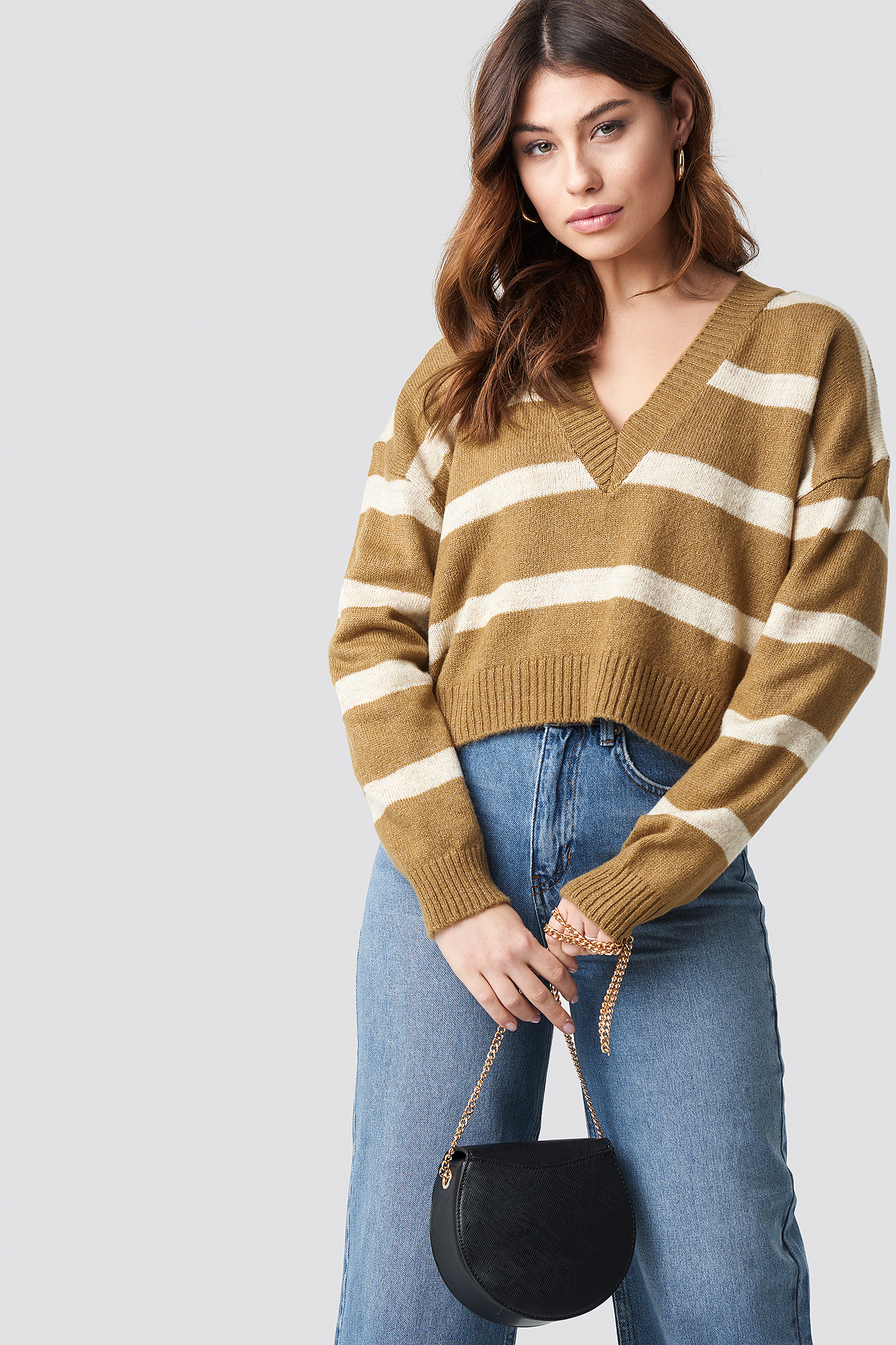 Pinstriped V-neck Knitted Sweater Beige