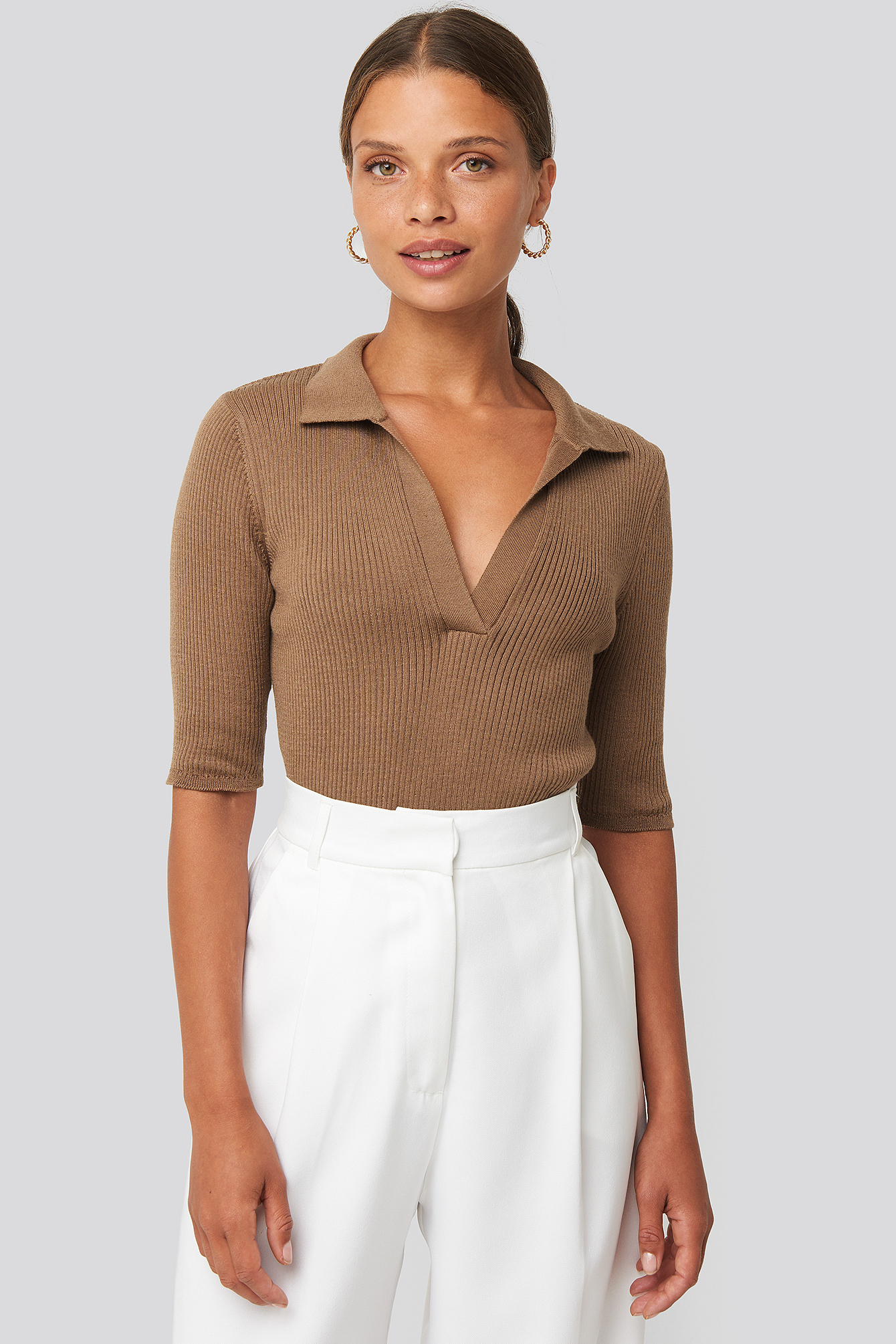 Pique Collar Knitted Top Brown