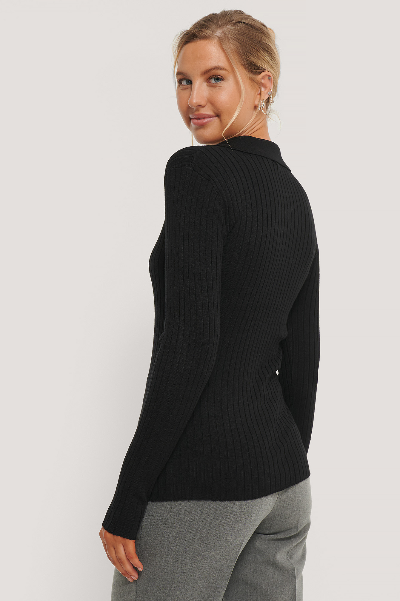 Pique Collar Ribbed Knitted Sweater Black NAKD
