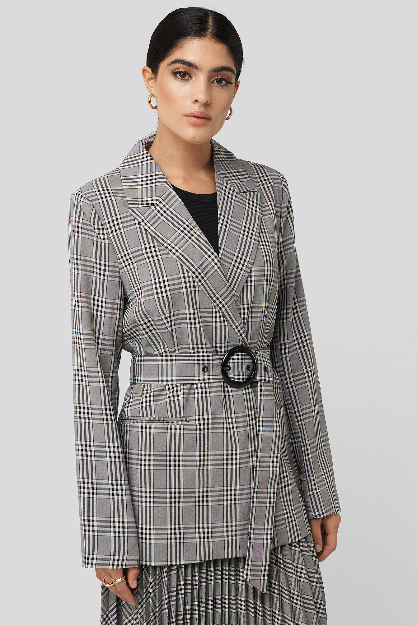 Plaid Buckle Belted Blazer Black/White Check