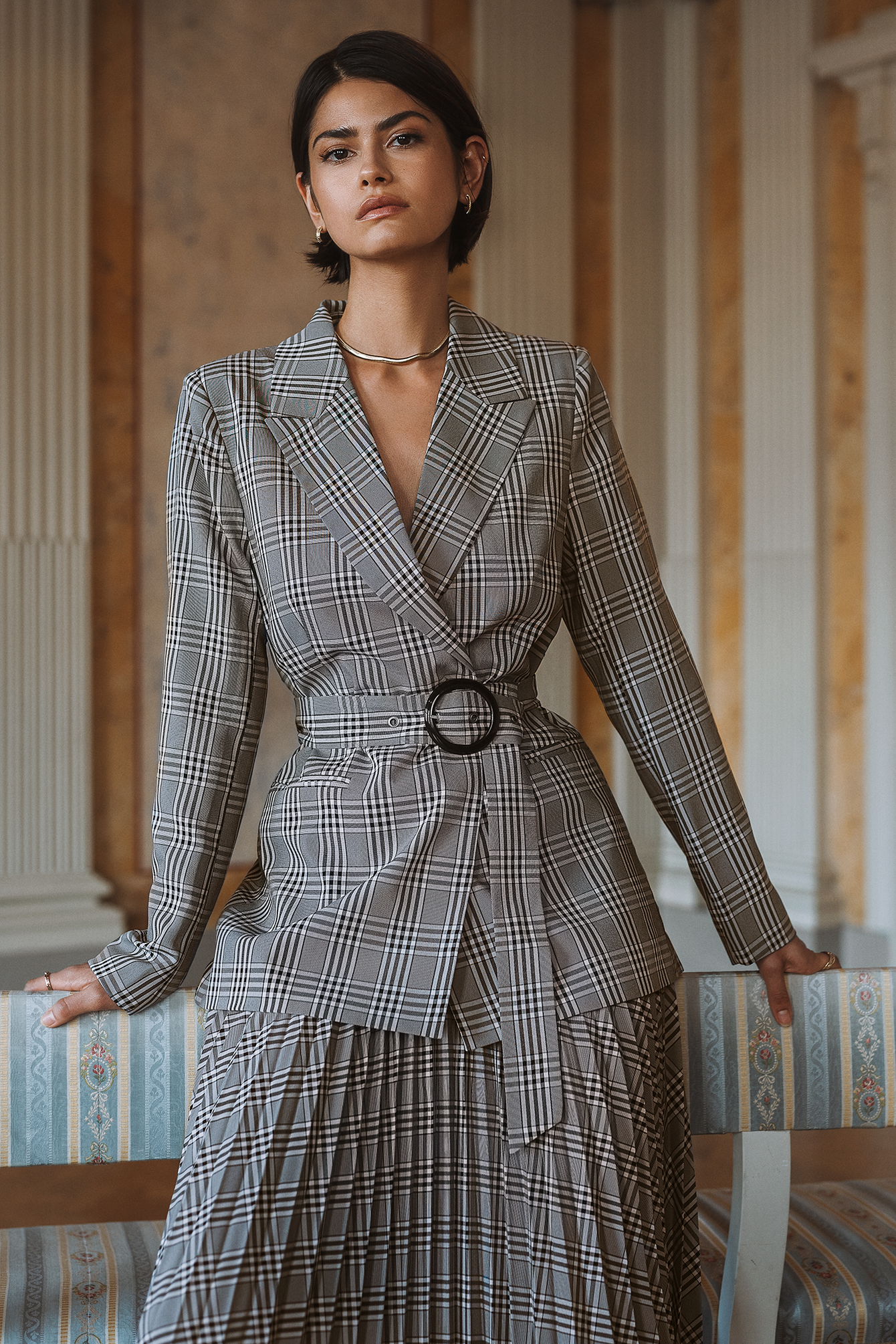 Plaid Buckle Belted Blazer Black/White Check