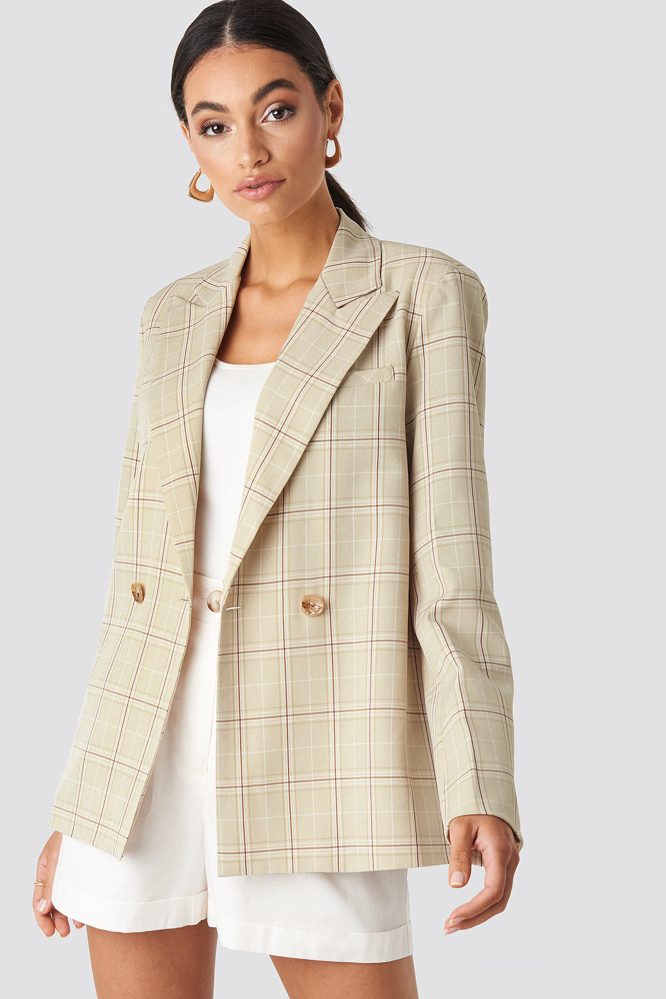 Plaid Relaxed Blazer Beige