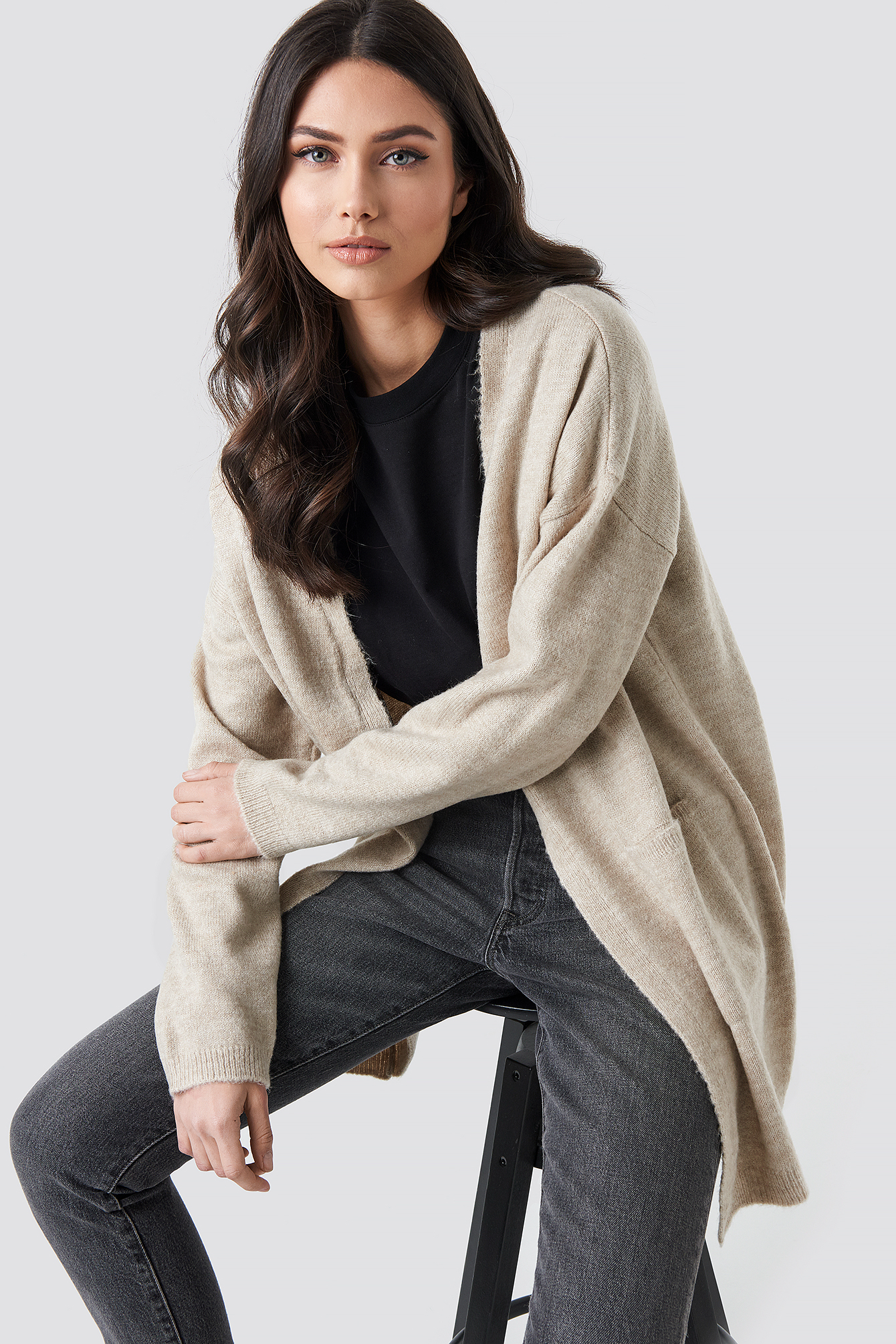 Plain Knitted Midi Cardigan Beige
