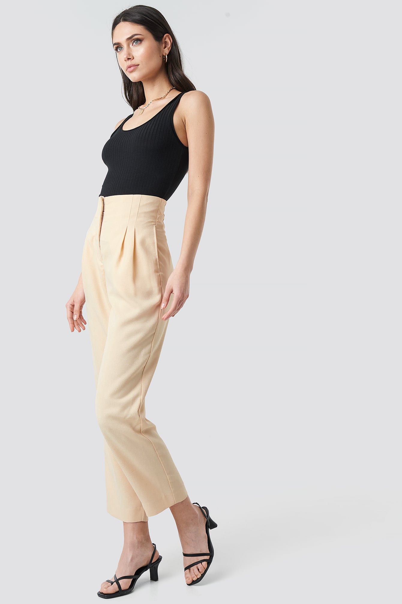 Pleat Detail High Waist Pants Beige