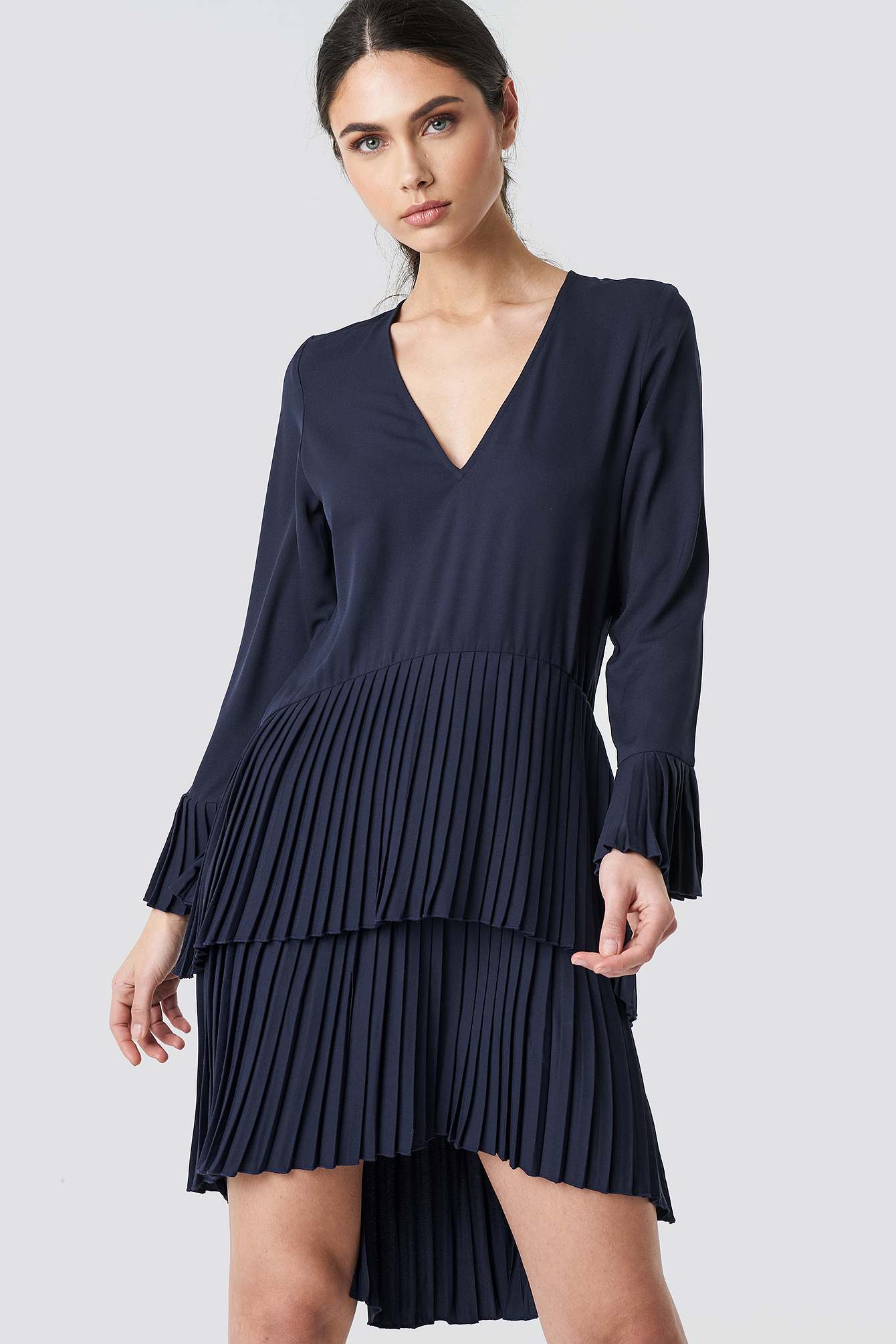 Pleat Detail Layered Mini Dress Dark Blue