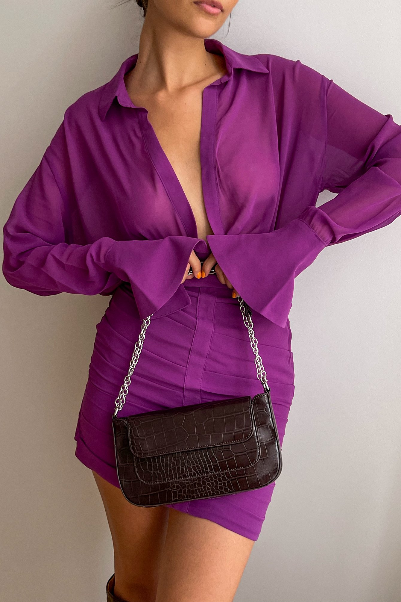 Purple Vestido mini de chifón plisado