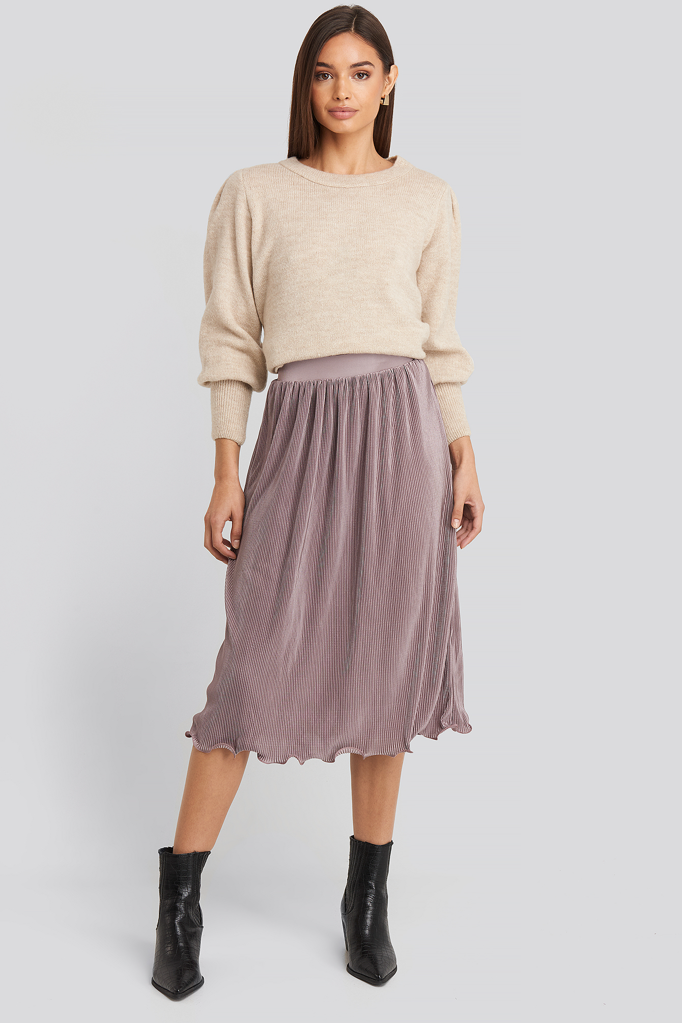 Pleated Detailed Hem Skirt Dusty Purple