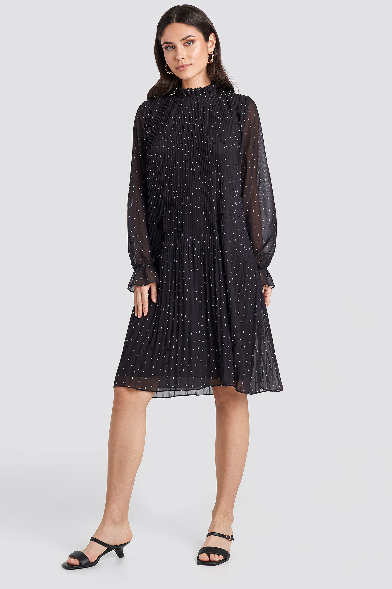 Pleated Dotted Dress Black