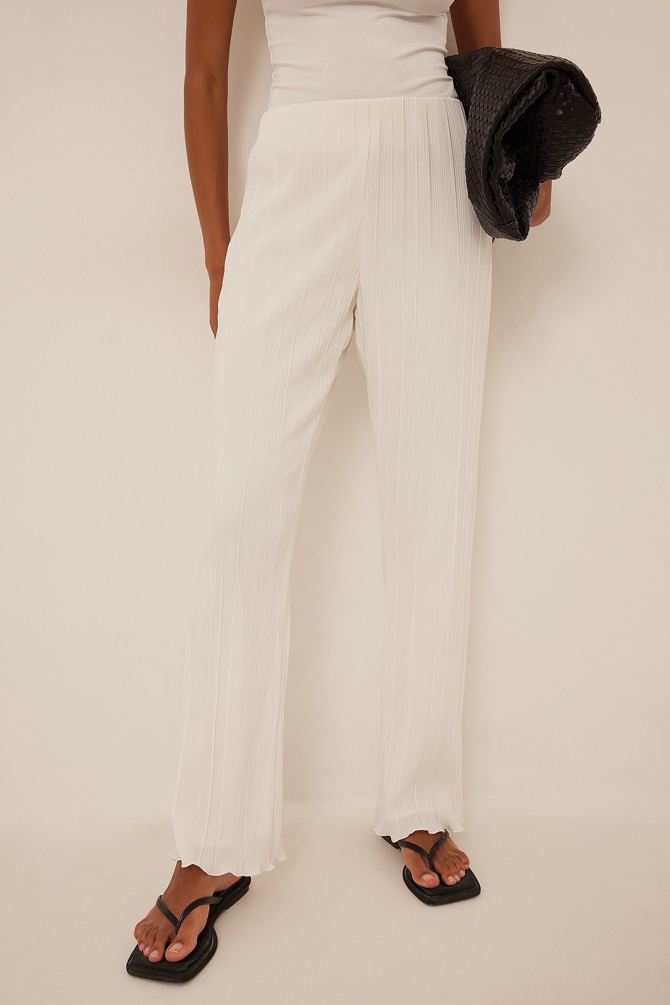 White Plisowane spodnie z elastycznym pasem w talii