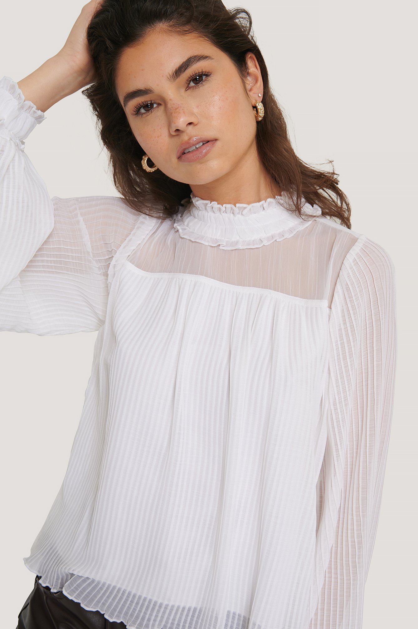 White Pleated Frill Neck Blouse