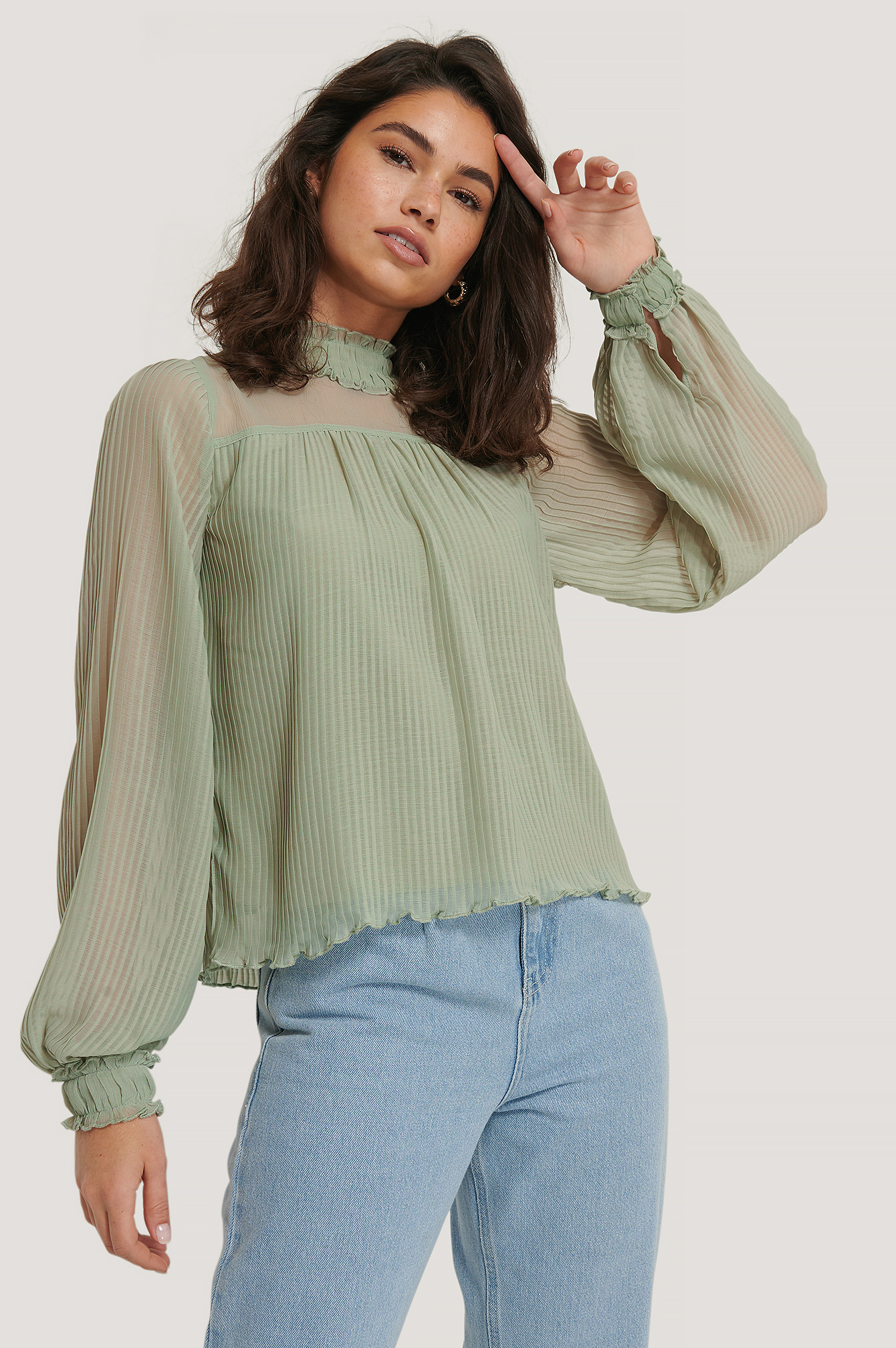 Dusty Green Pleated Frill Neck Blouse
