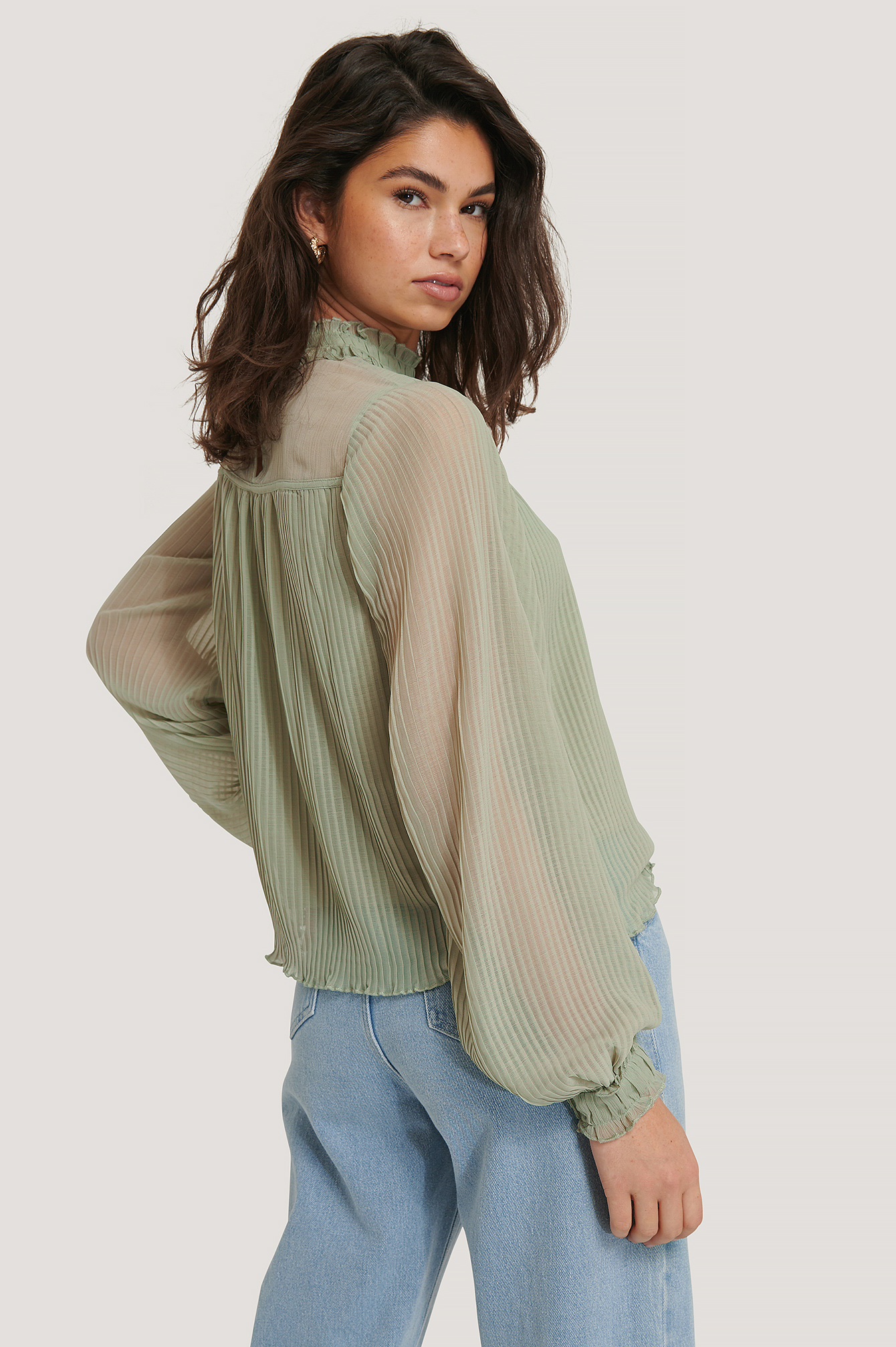 Dusty Green Pleated Frill Neck Blouse