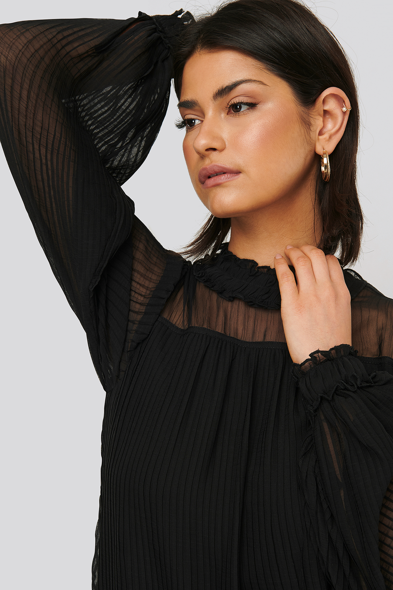 Pleated Frill Neck Dress Black